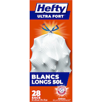Sacs de cuisine Hefty ULTRA FORT, 50 L, blanc, avec cordon et ARM & HAMMER, paq. 28 Front_Flat