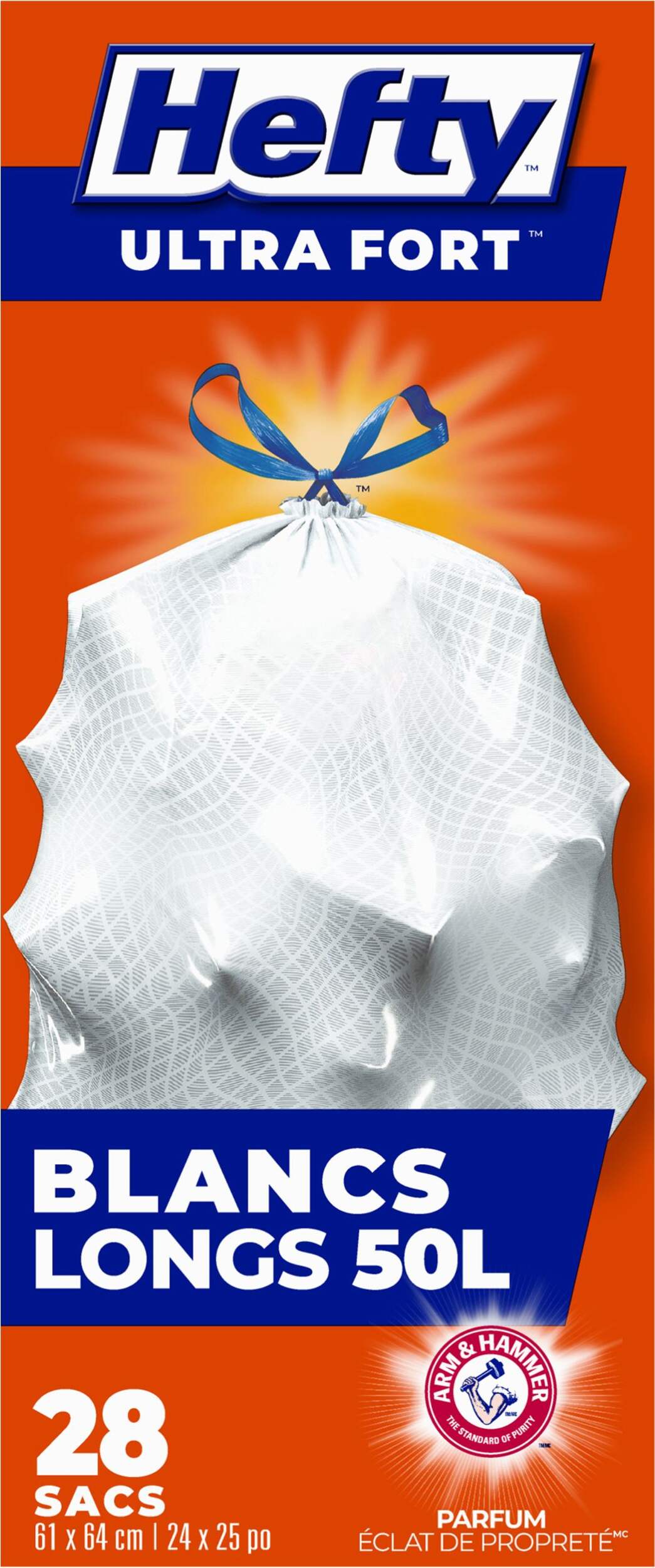 Hefty® ULTRA STRONG™ Tall 50-L White Kitchen Garbage Bags with Drawstring & ARM & HAMMER™, 28-pk Front_Flat