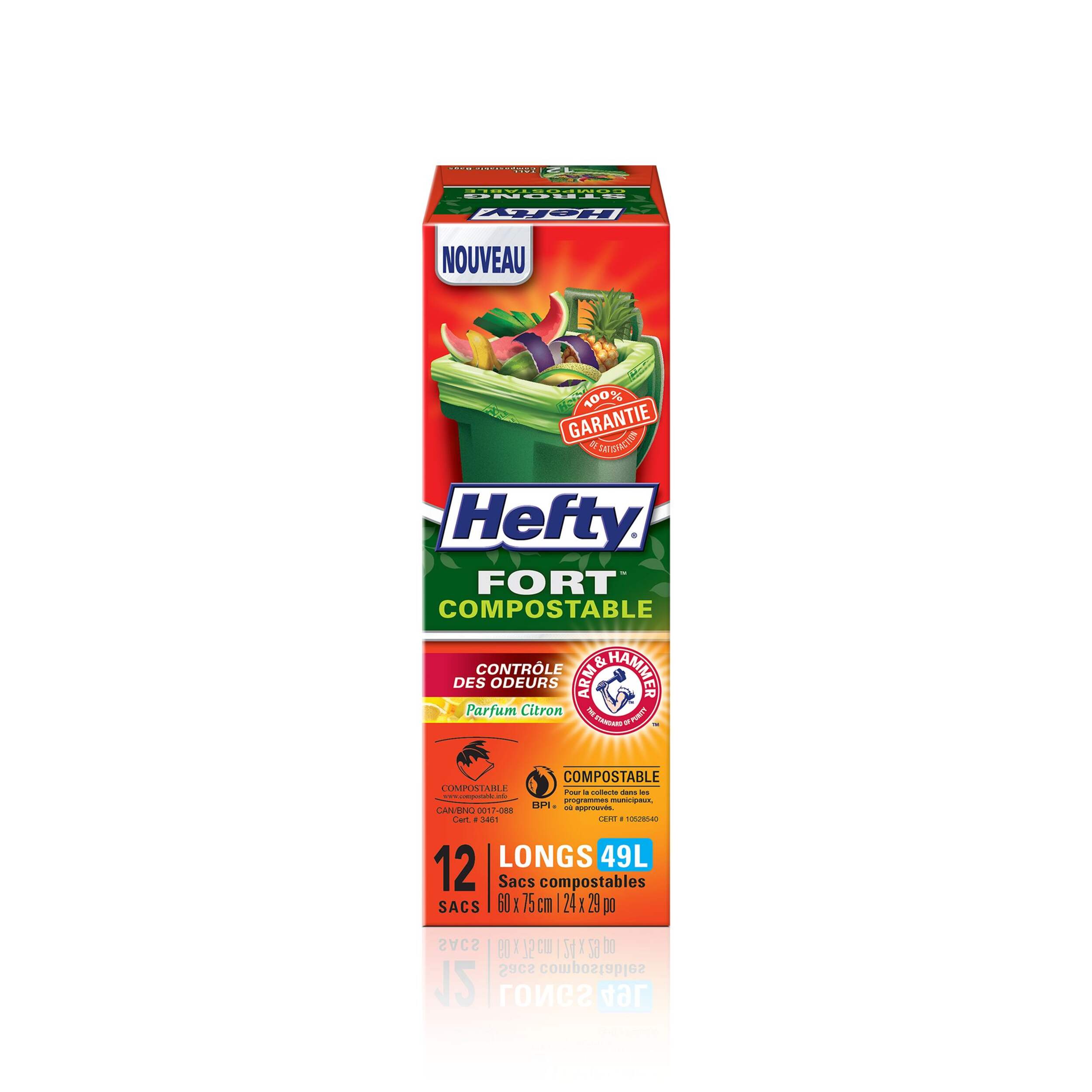 Sacs compostables Hefty FORT, 49 L, parfum ARM & HAMMER et citron, paq. 12 Front_Flat