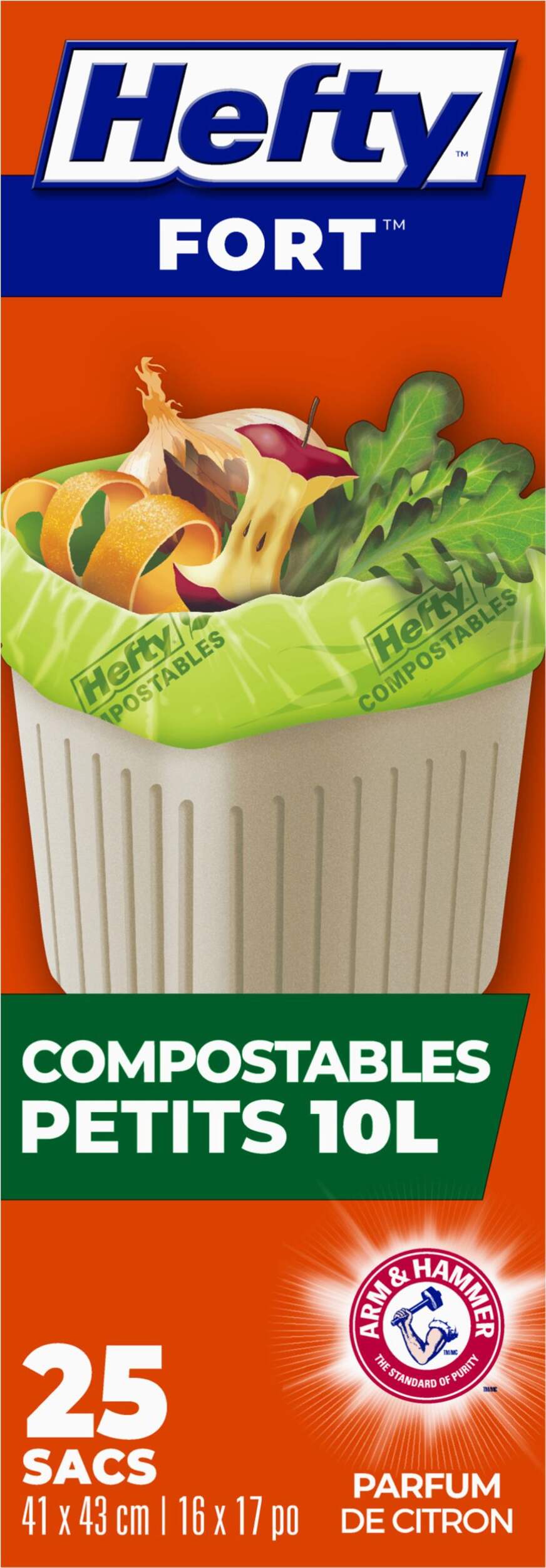 Hefty® STRONG™ Small 10-L Compostable Garbage Bags with ARM & HAMMER™ & Lemon Scent, 25-pk Front_Flat