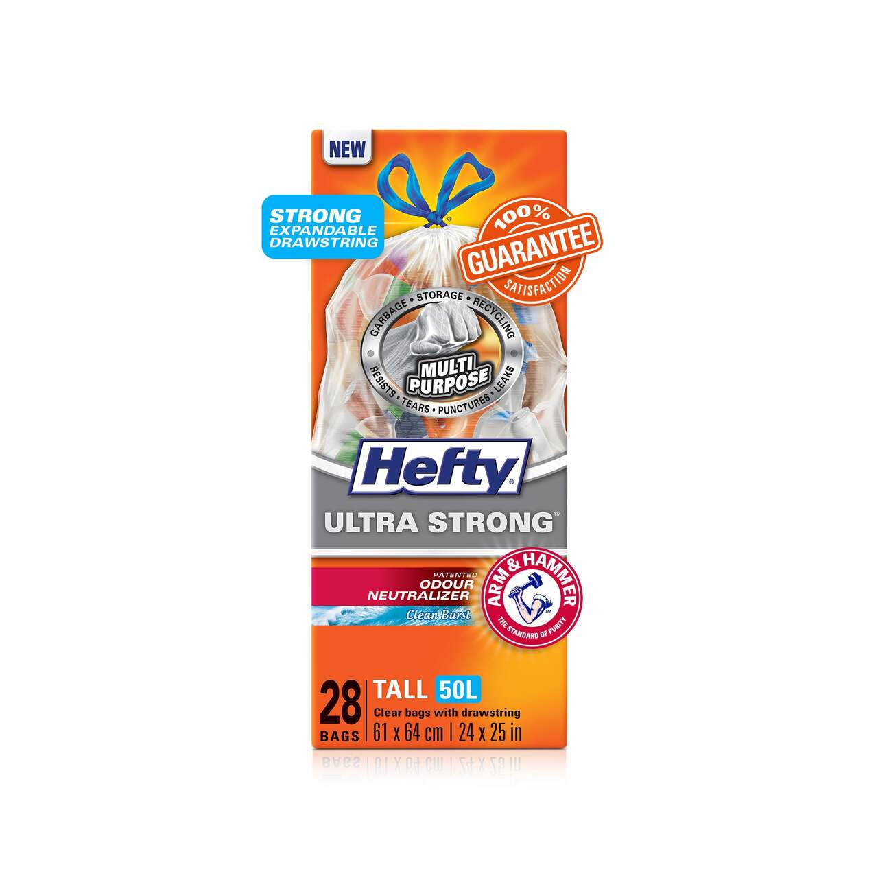 Hefty® ULTRA STRONG™ Tall 50-L Clear Multipurpose Garbage Bags with  Drawstring & ARM & HAMMER™, 28-pk