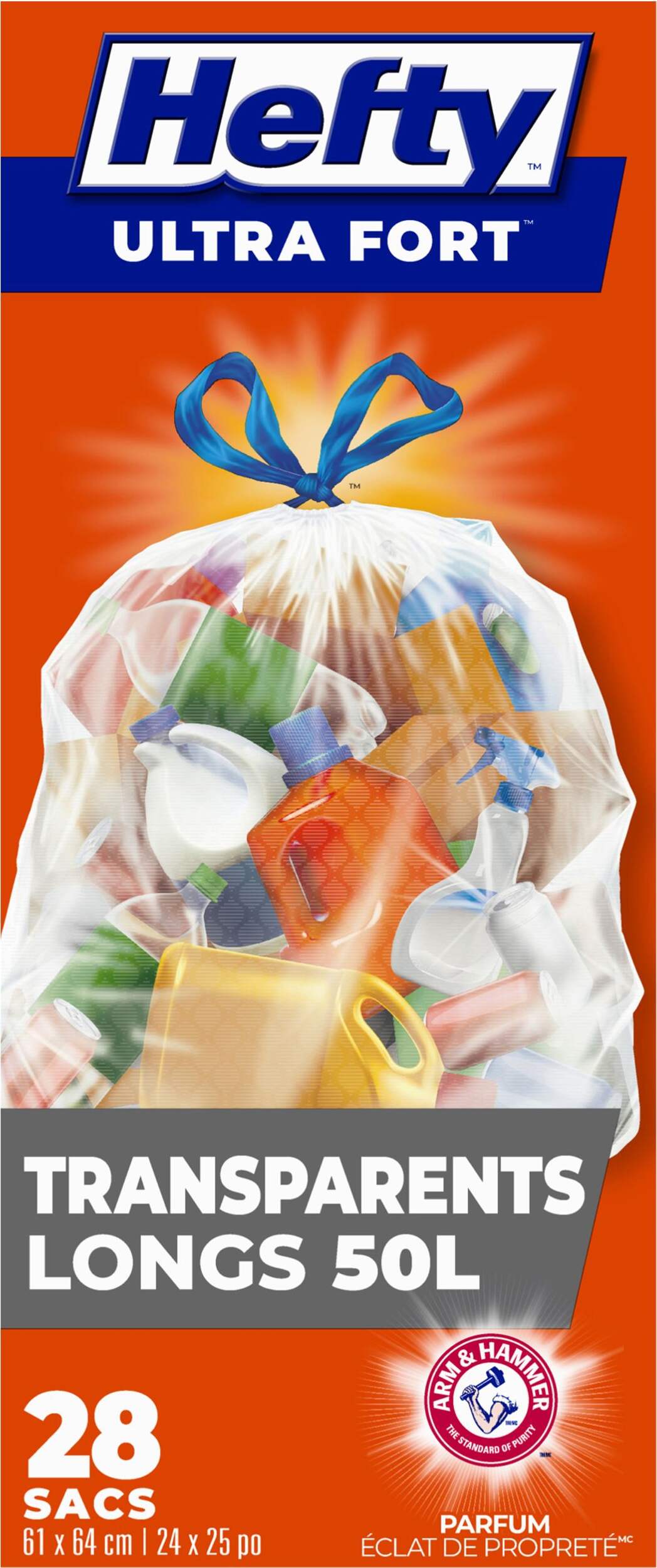 Hefty® ULTRA STRONG™ Tall 50-L Clear Multipurpose Garbage Bags with Drawstring & ARM & HAMMER™, 28-pk Front_Flat