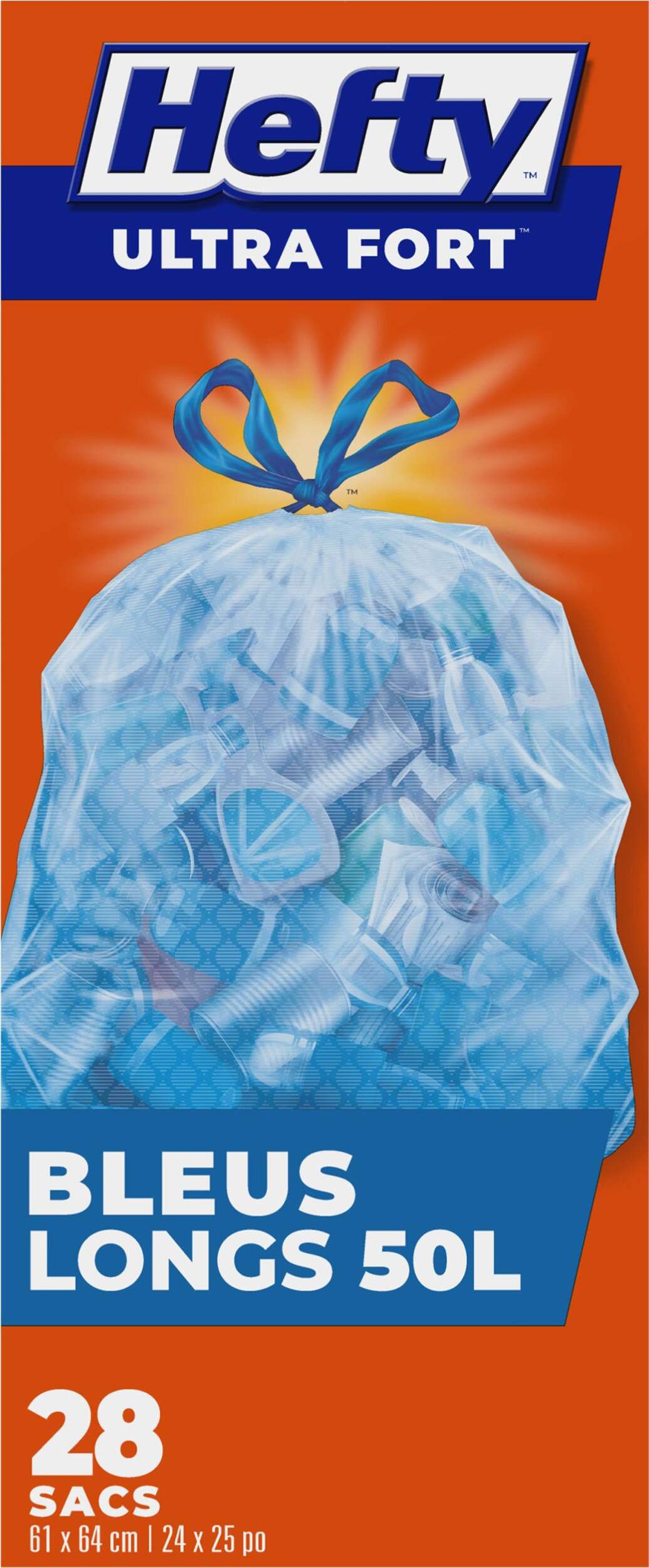 Sacs de recyclage Hefty ULTRA FORTS 50 L bleus avec cordon et ARM & HAMMER, paq. 28 Front_Flat