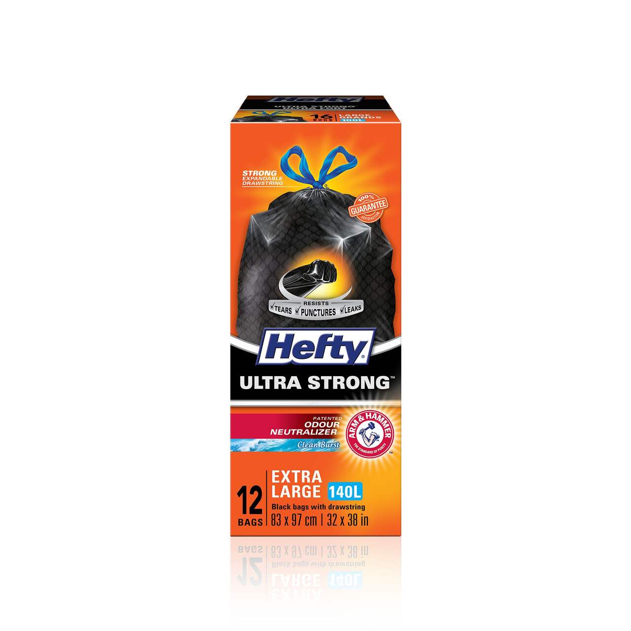 Hefty® ULTRA STRONG™ X-Large 140-L Black Garbage Bags with Drawstring & ARM  & HAMMER™, 12-pk