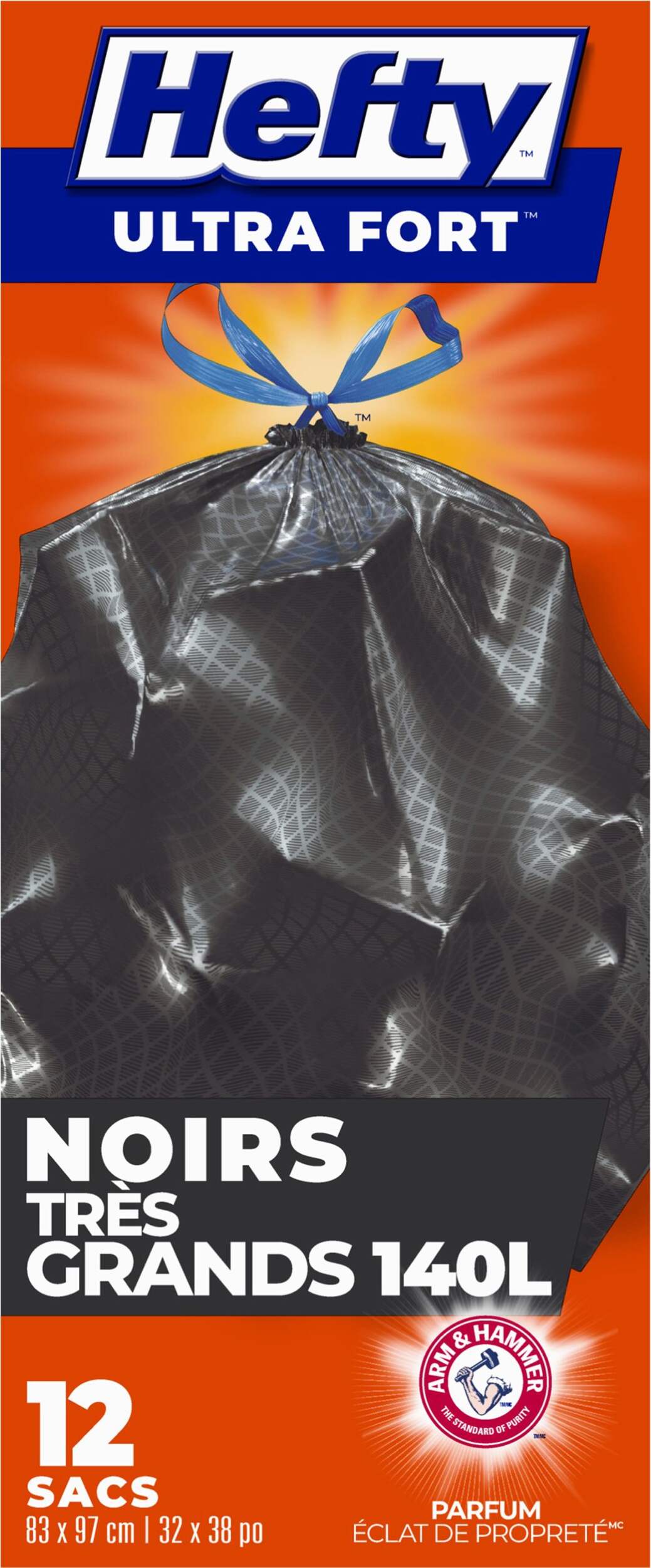 Hefty® ULTRA STRONG™ X-Large 140-L Black Garbage Bags with Drawstring & ARM & HAMMER™, 12-pk Front_Flat