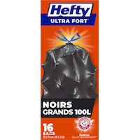 Grands sacs à ordures noirs Hefty ULTRA FORTS 100 L avec cordon et ARM & HAMMER, paq. 16 Front_Flat