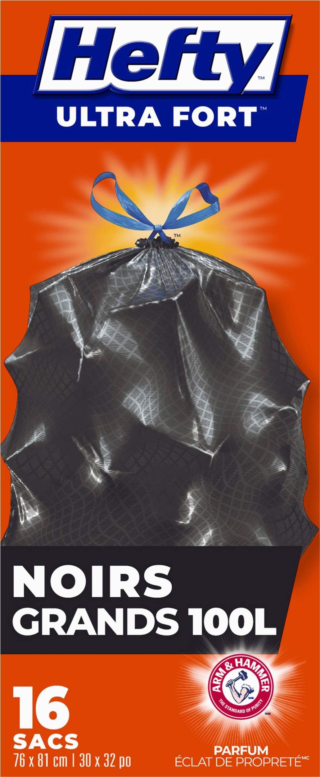 Hefty® ULTRA STRONG™ Large 100-L Black Garbage Bags with Drawstring & ARM & HAMMER™, 16-pk Front_Flat