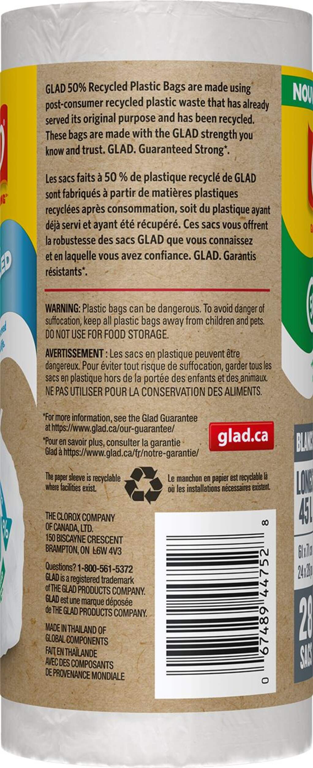 Sacs à ordures GLAD RPC, blanc, 45 L Back_Flat