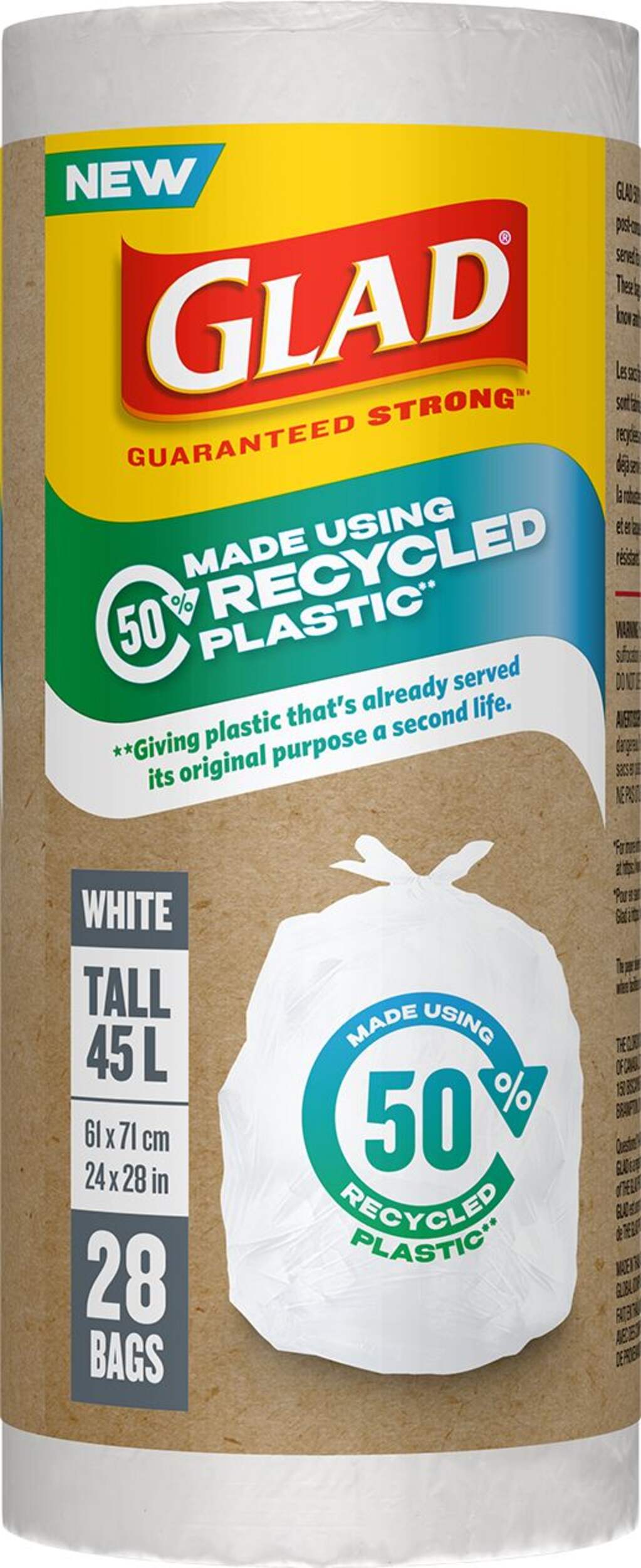 GLAD PCR Garbage Bags, White, 45-L Front_Flat