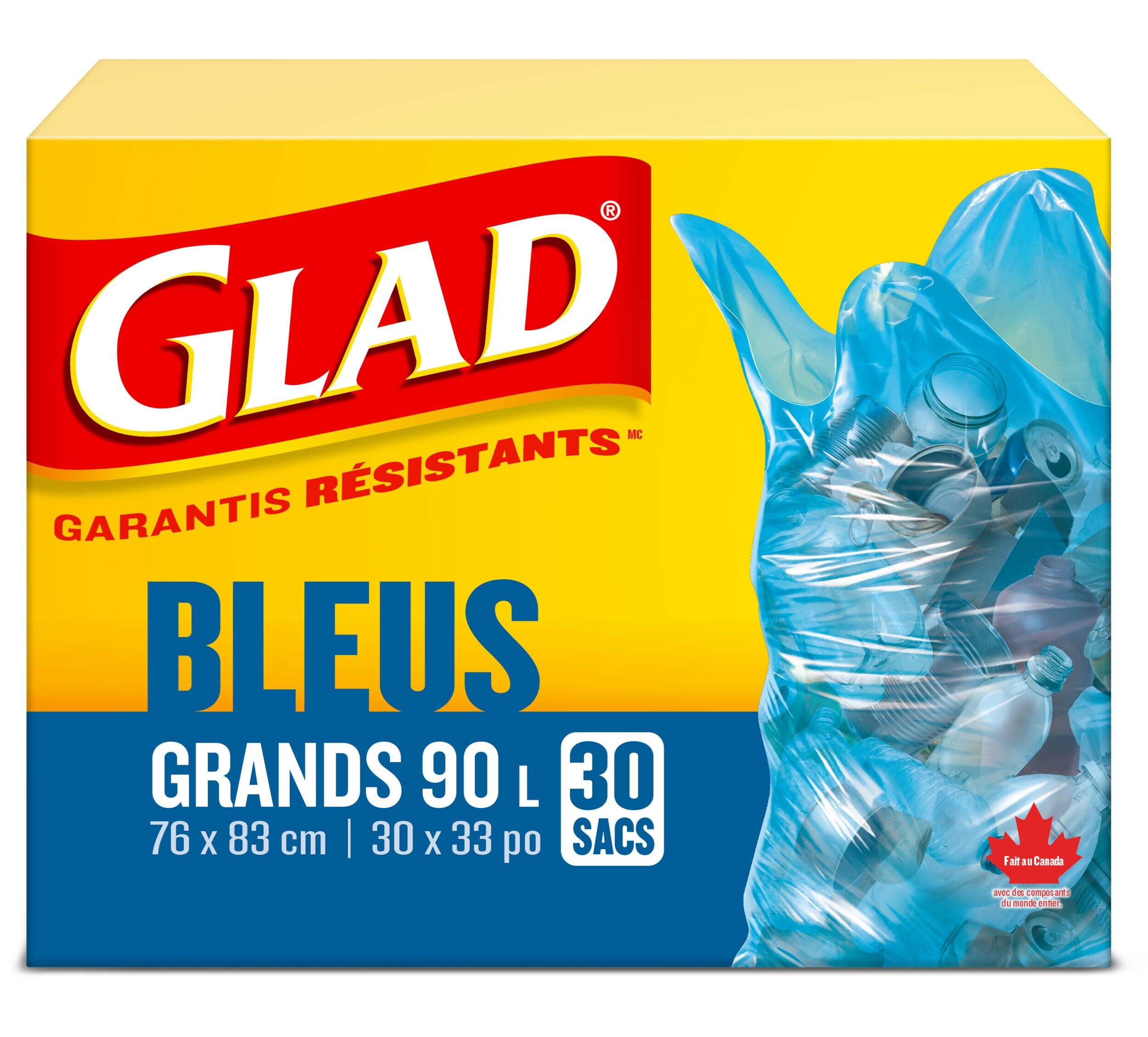 Sacs de recyclage à rabat Glad avec attaches Easy-Tie, grand, bleu, paq. 30, 90 L Front_Elevated