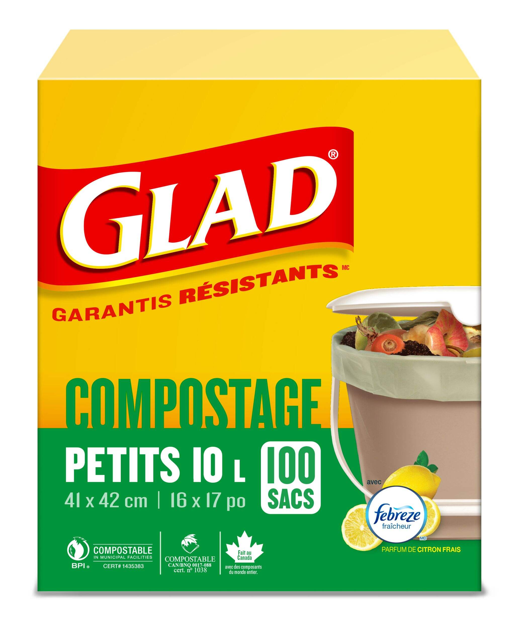 Sacs à déchets compostables à 100 % Glad Febreze, citron, petit, 100 %, paq. 100, 10 L Front_Elevated