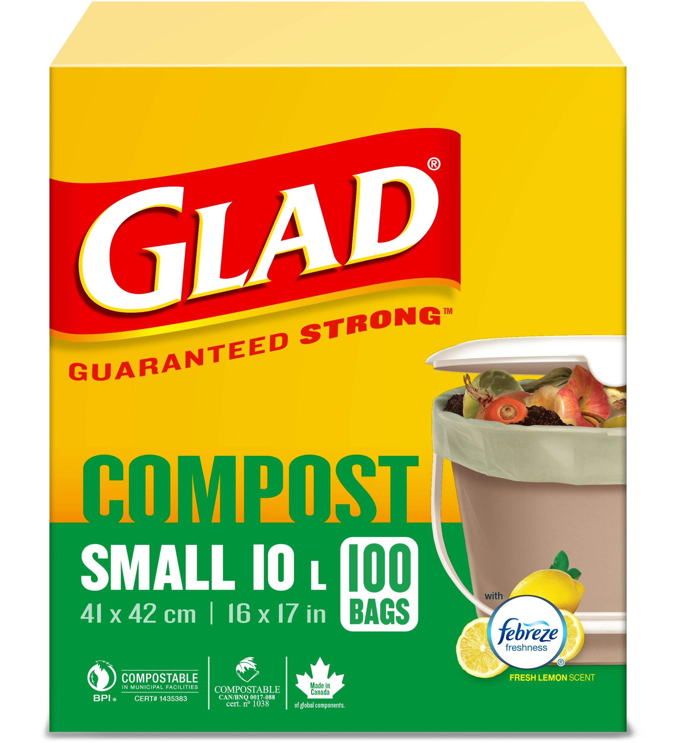 Glad Small 100% Compostable Febreze Lemon Scented Food Waste Bags, 100-pk, 10-L Front_Elevated