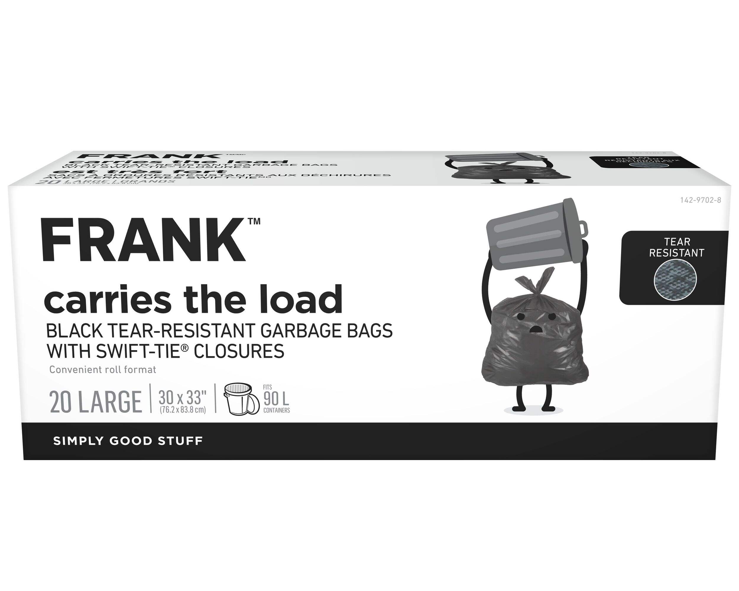 FRANK Large Swift-Tie Outdoor Textured Garbage Bags, 20-pk, 90-L Front_Flat