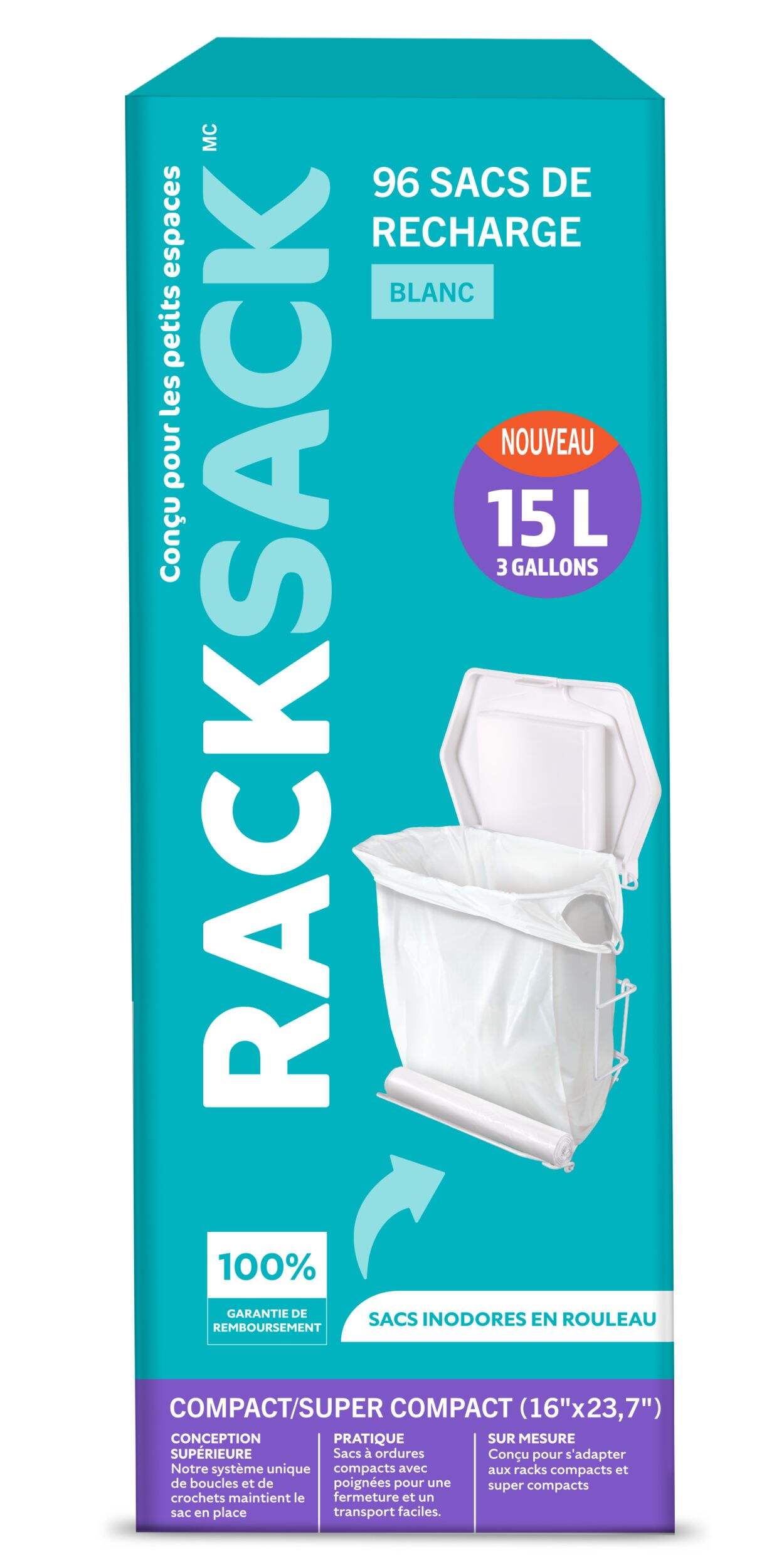 Rack Sack Roll Unscented Garbage Bags with Handles, 96-pk, White, 15-L Front_Elevated