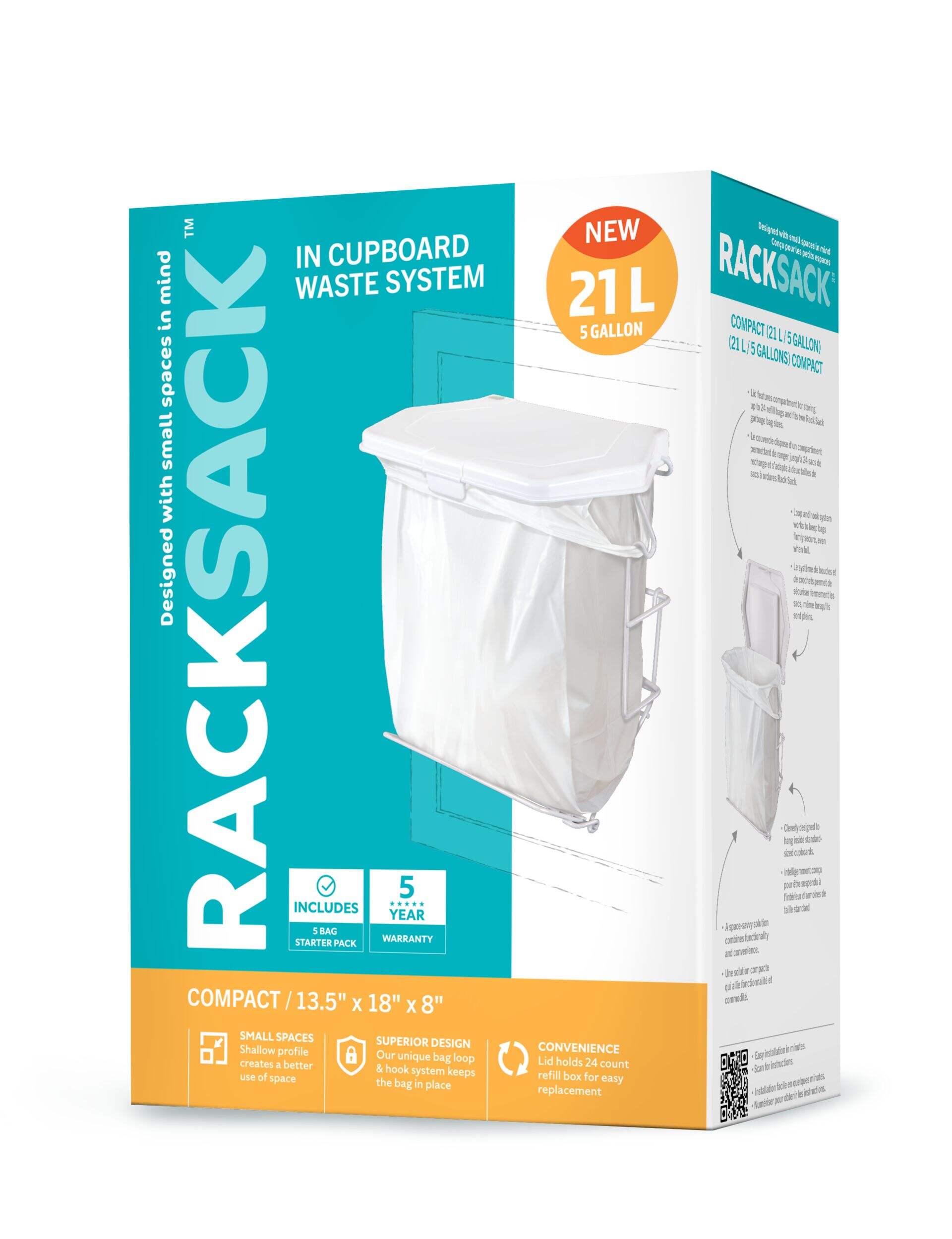 Rack Sack Expandable Kitchen Garbage Bag Holder, Fits 15-L or 21-L bags, Includes 5 bags Front_Angled_Left