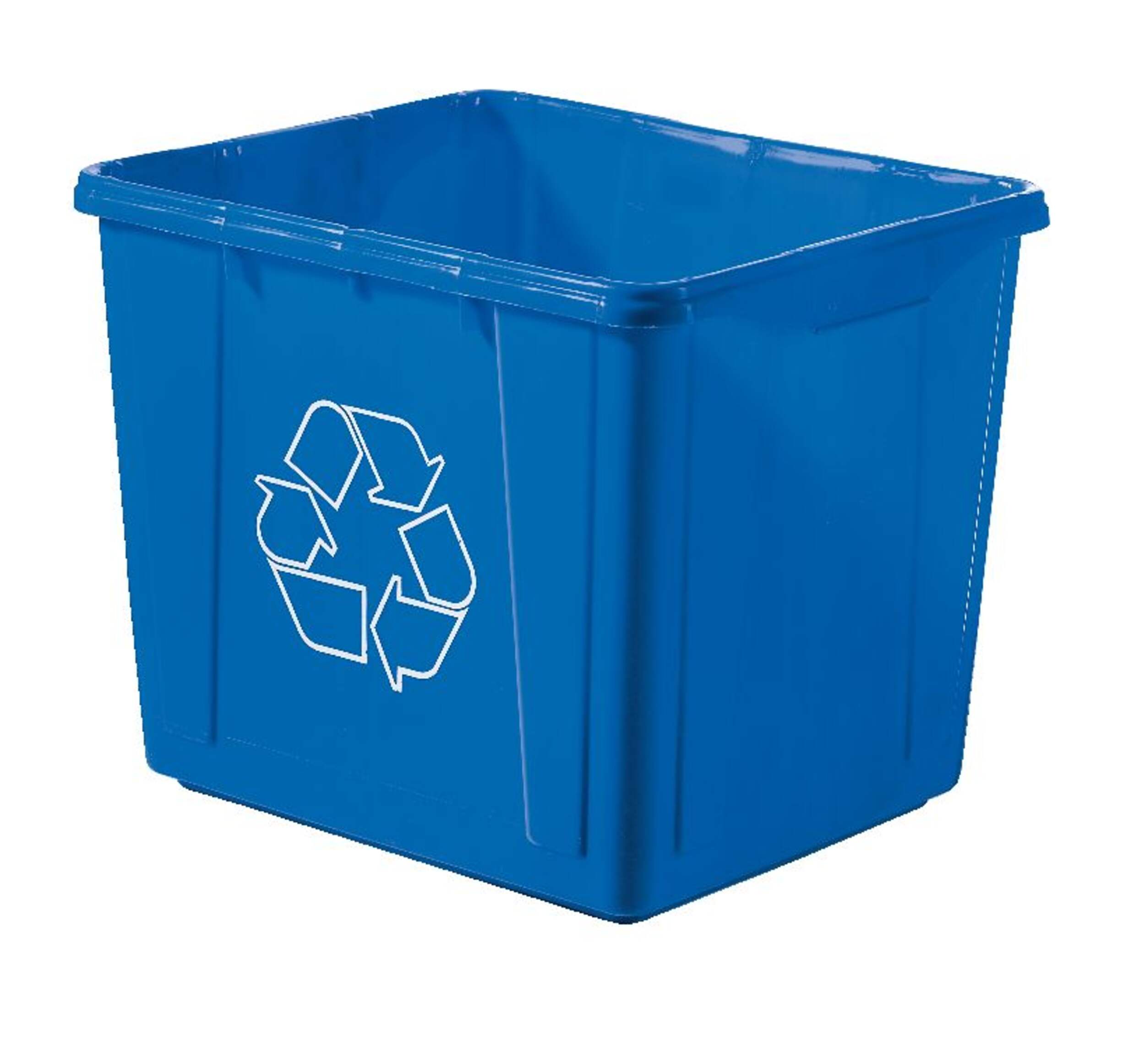 Boîte bleue de recyclage ouverte rectangulaire en plastique Orbis, 59 L Front_Angled_Left