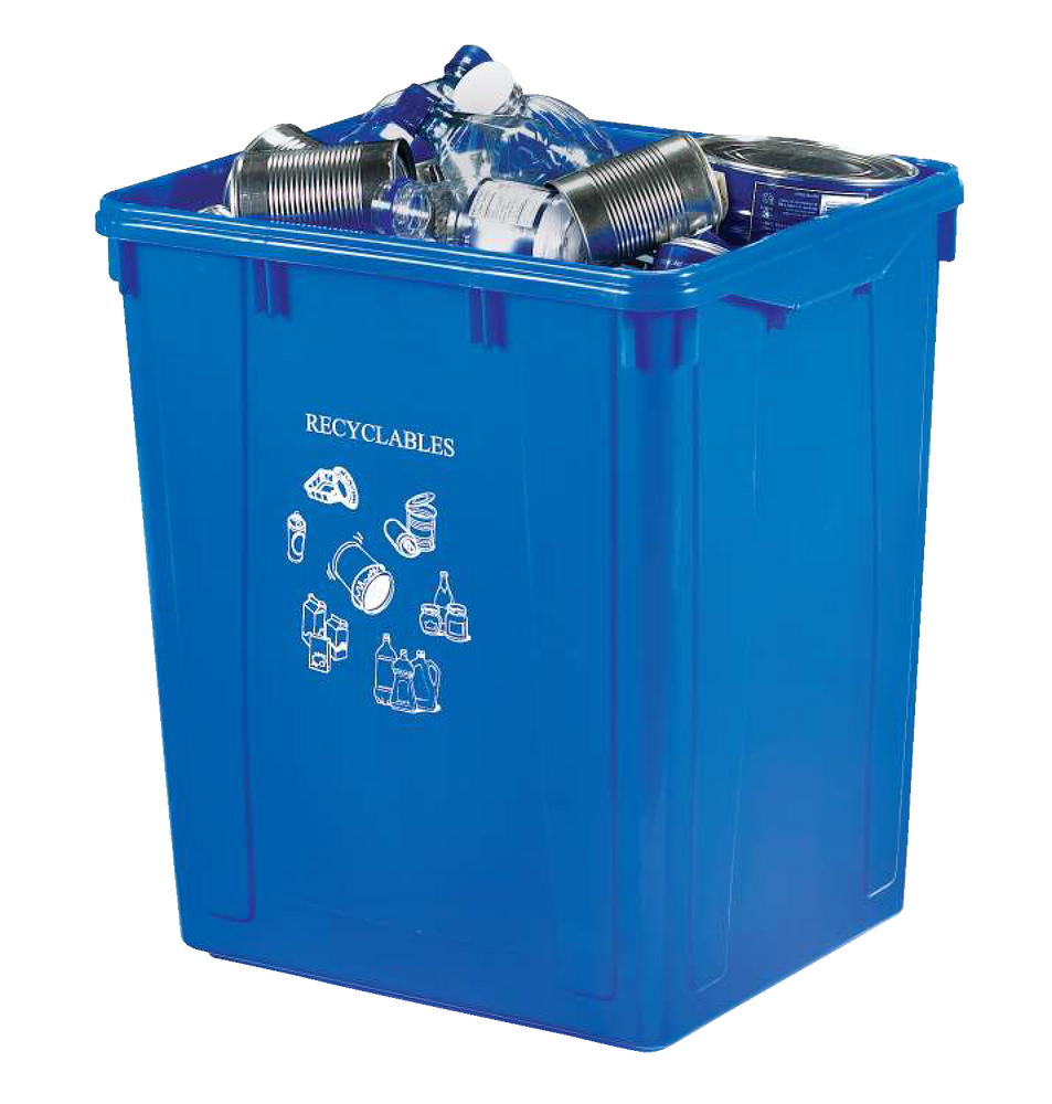 Boîte bleue de recyclage ouverte rectangulaire en plastique Orbis, 87 L