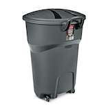 Rubbermaid Plastic Circular Wheeled Garbage Can with Handle, Black, 121-L Back_Angled_Left