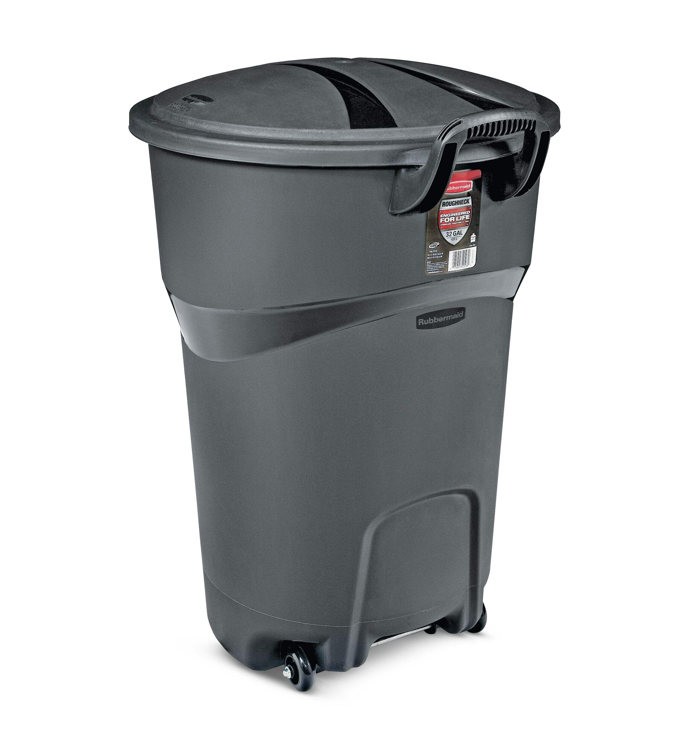 Rubbermaid Plastic Circular Wheeled Garbage Can with Handle, Black, 121-L Back_Angled_Left