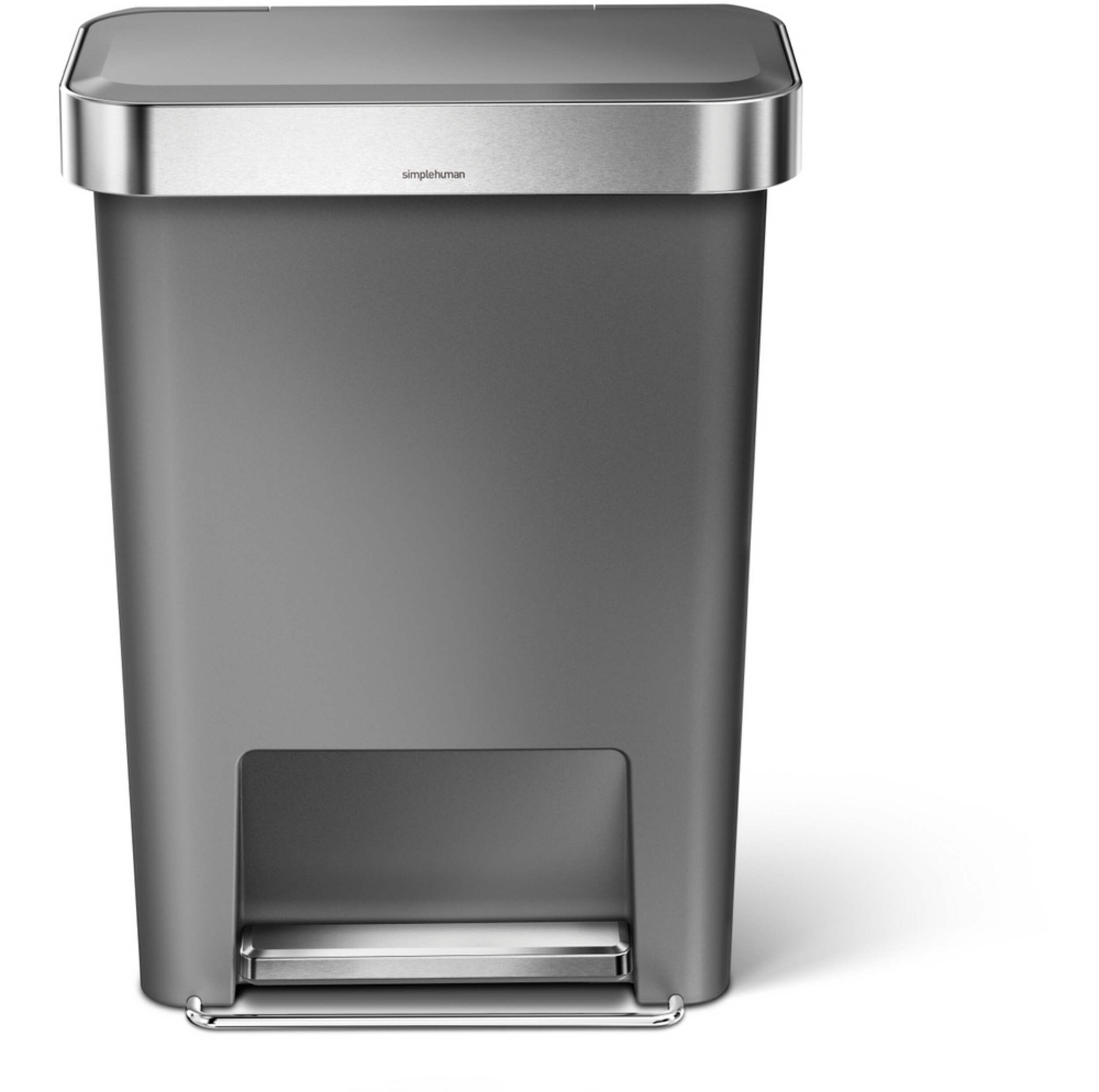 simplehuman Plastic Rectangular Step Garbage Can with Soft Close Lid, Grey, 45-L Front_Elevated