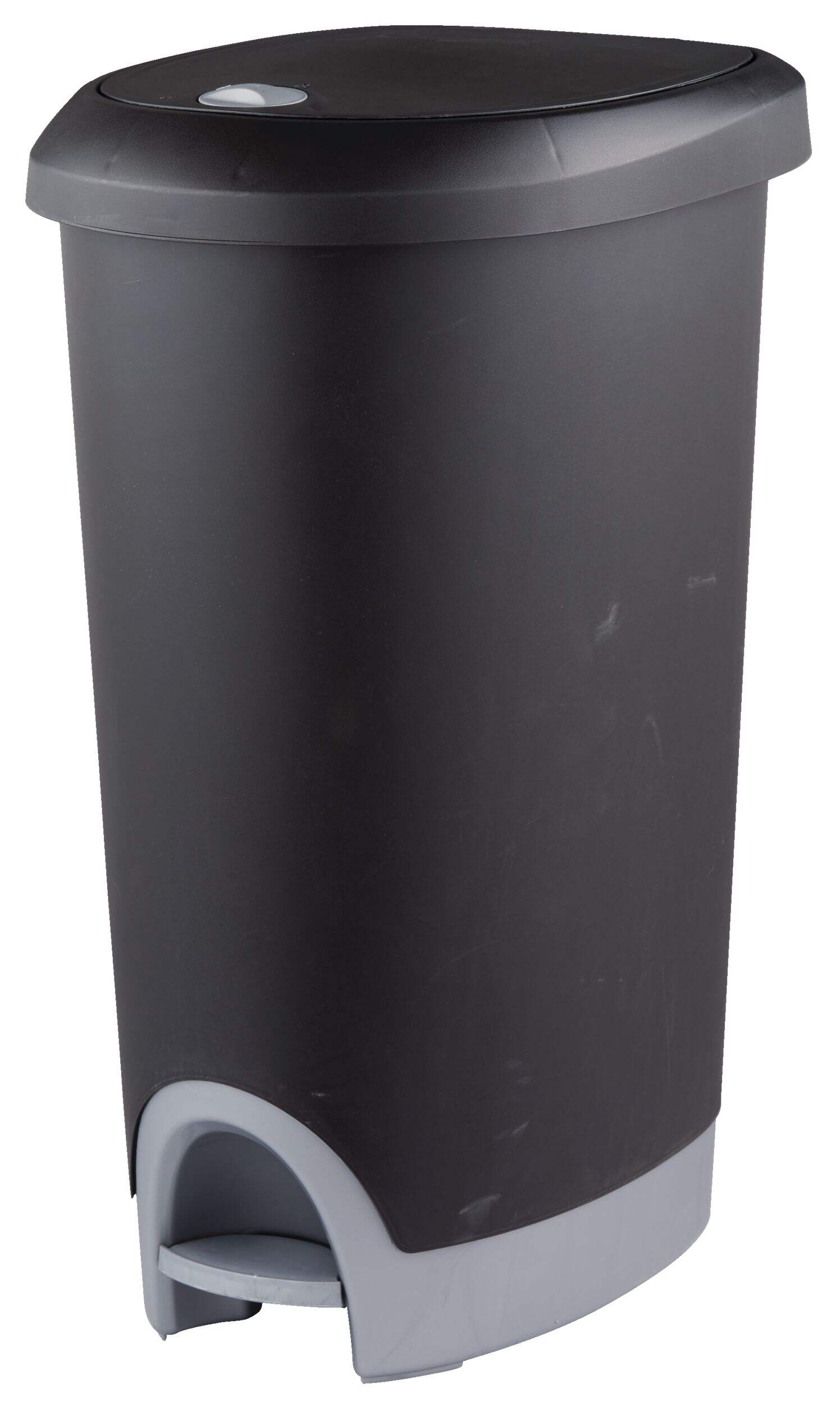 Sterilite Plastic D-Shaped Step Garbage Can with Locking Lid, Black/Grey, 48-L Front_Three_Fourths_Angled_Left