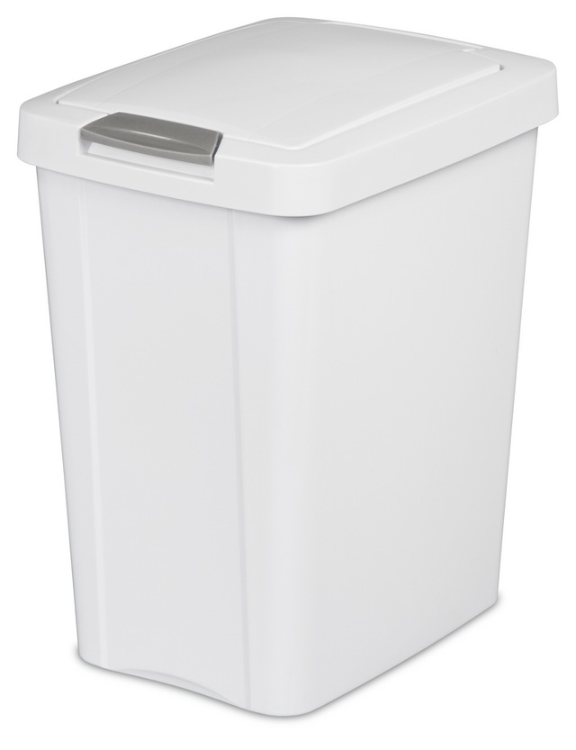 Sterilite Plastic Rectangular Springloaded Touch Top Garbage Can, White