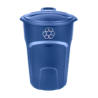 Boîte bleue de recyclage ronde en plastique à roulettes avec poignée Rubbermaid, 121 L Front_Flat