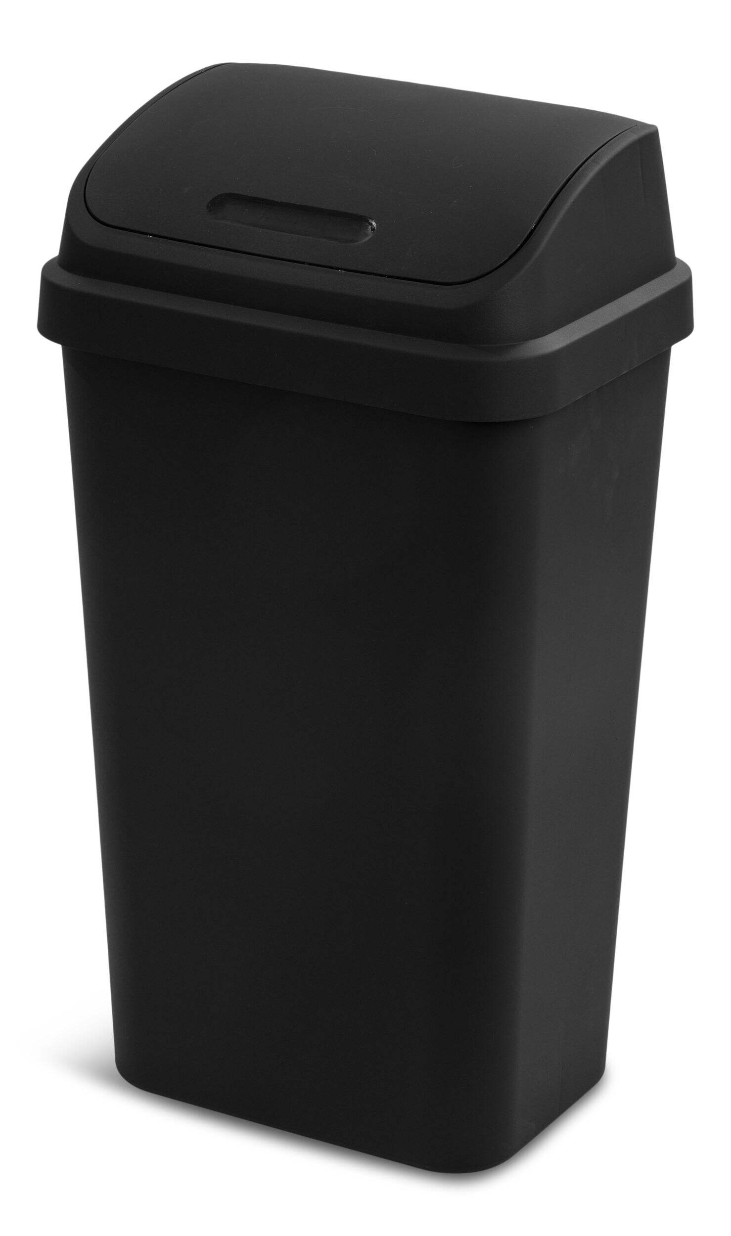 Sterilite Plastic Rectangular Swing Lid Garbage Can, Black, 49-L Front_Three_Fourths_Angled_Left