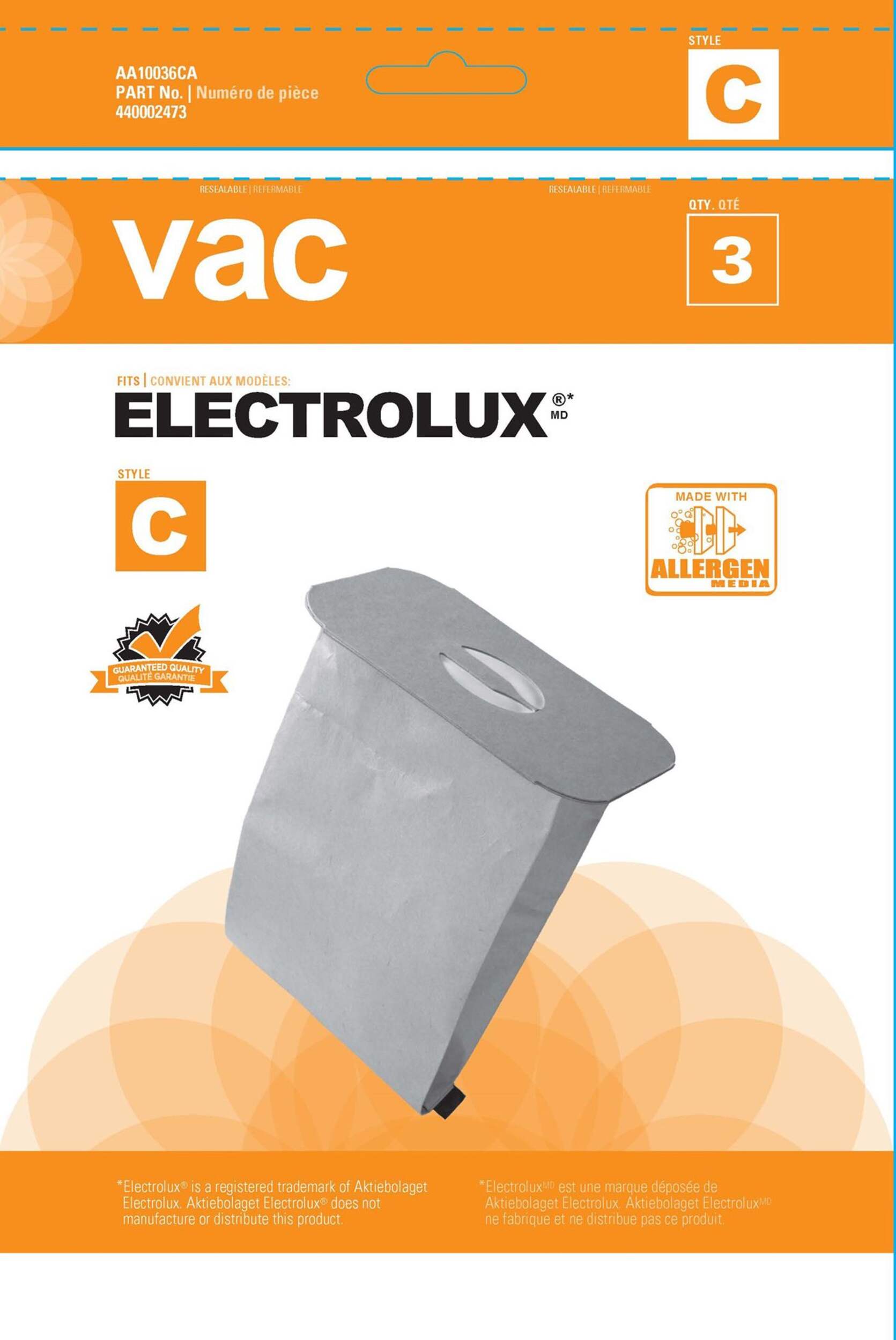 Electrolux Type C Replacement Allergen Vacuum Cleaner Bags, 3-pk Front_Flat