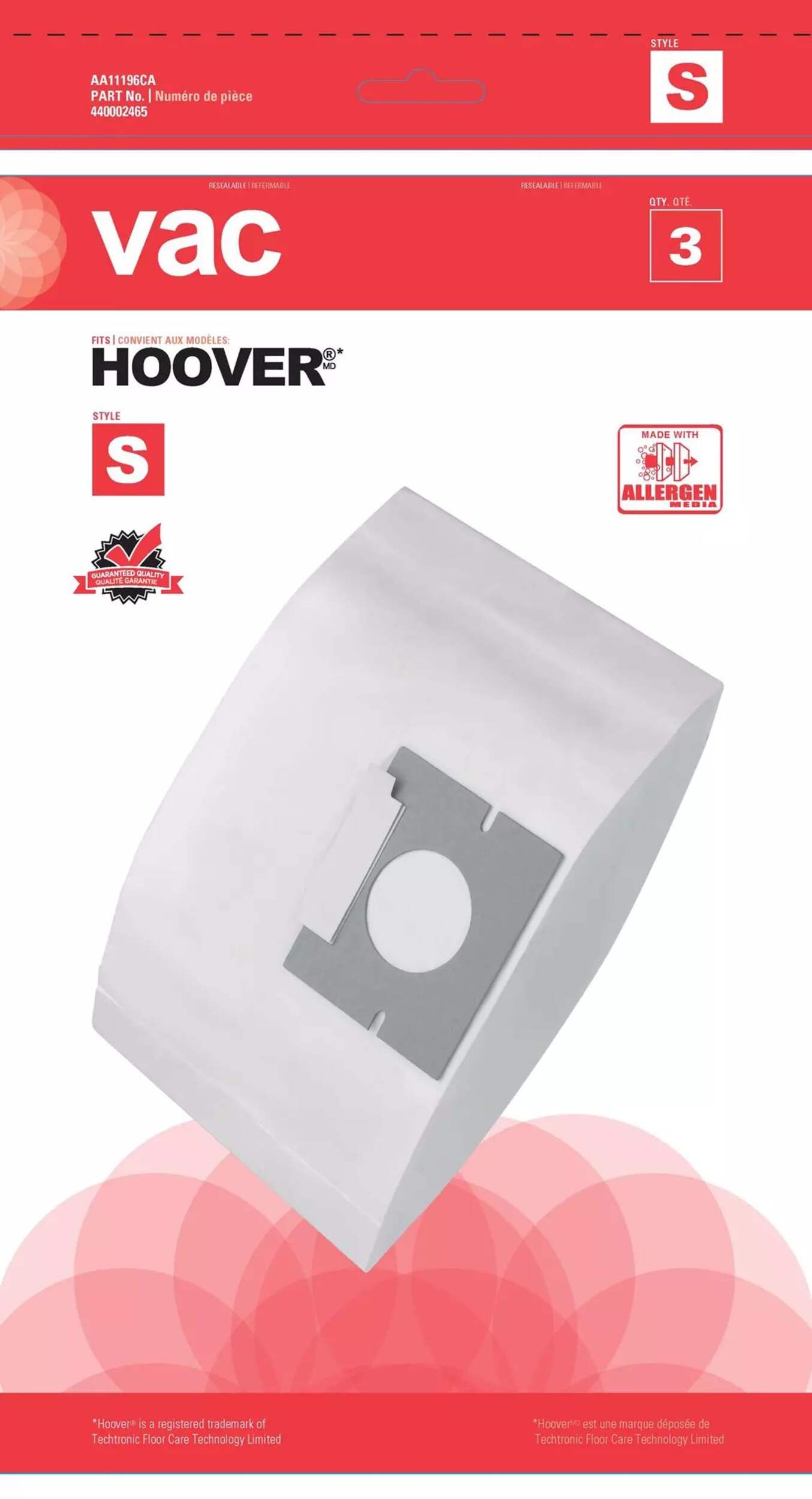 Sacs antiallergènes pour aspirateur de rechange Hoover, type S, paq. 3 Front_Flat
