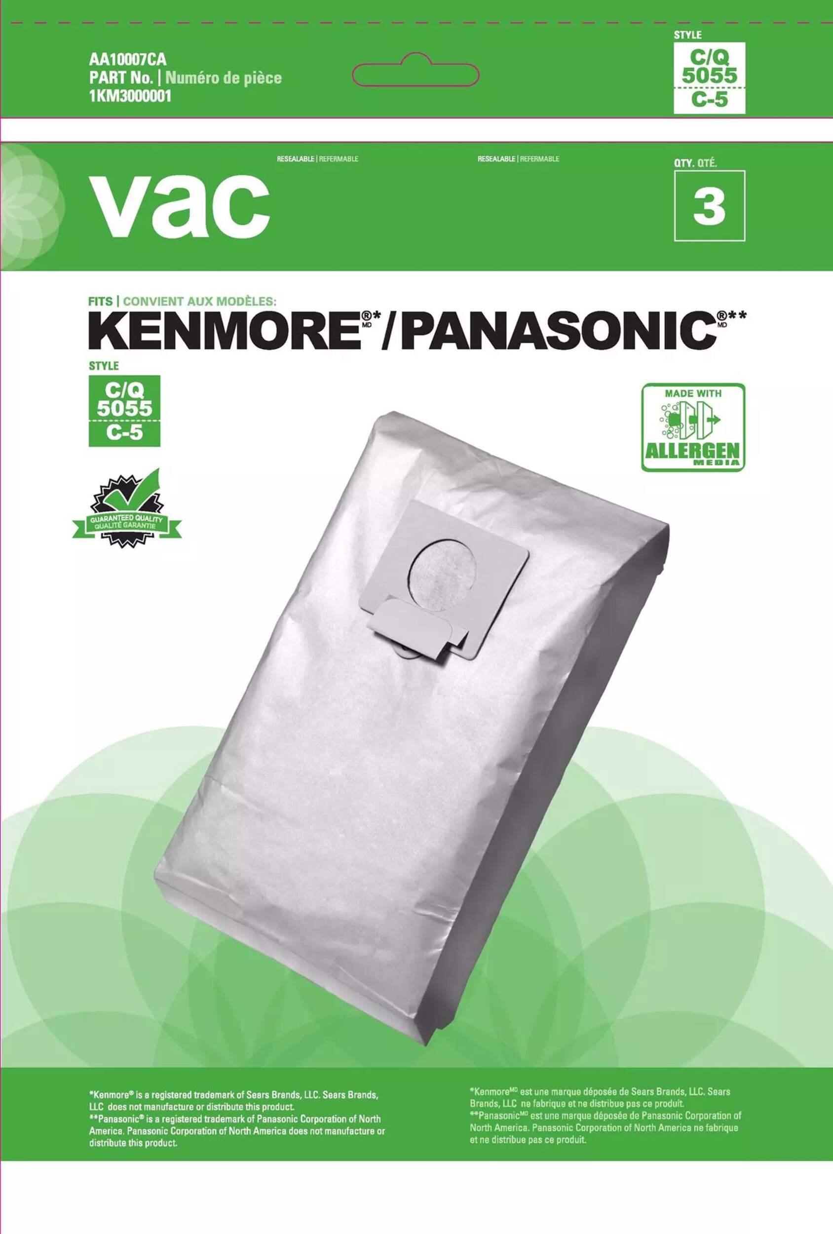 Kenmore 5055 & Panasonic C5 Replacement Vacuum Cleaner Bags, 3-pk Front_Flat