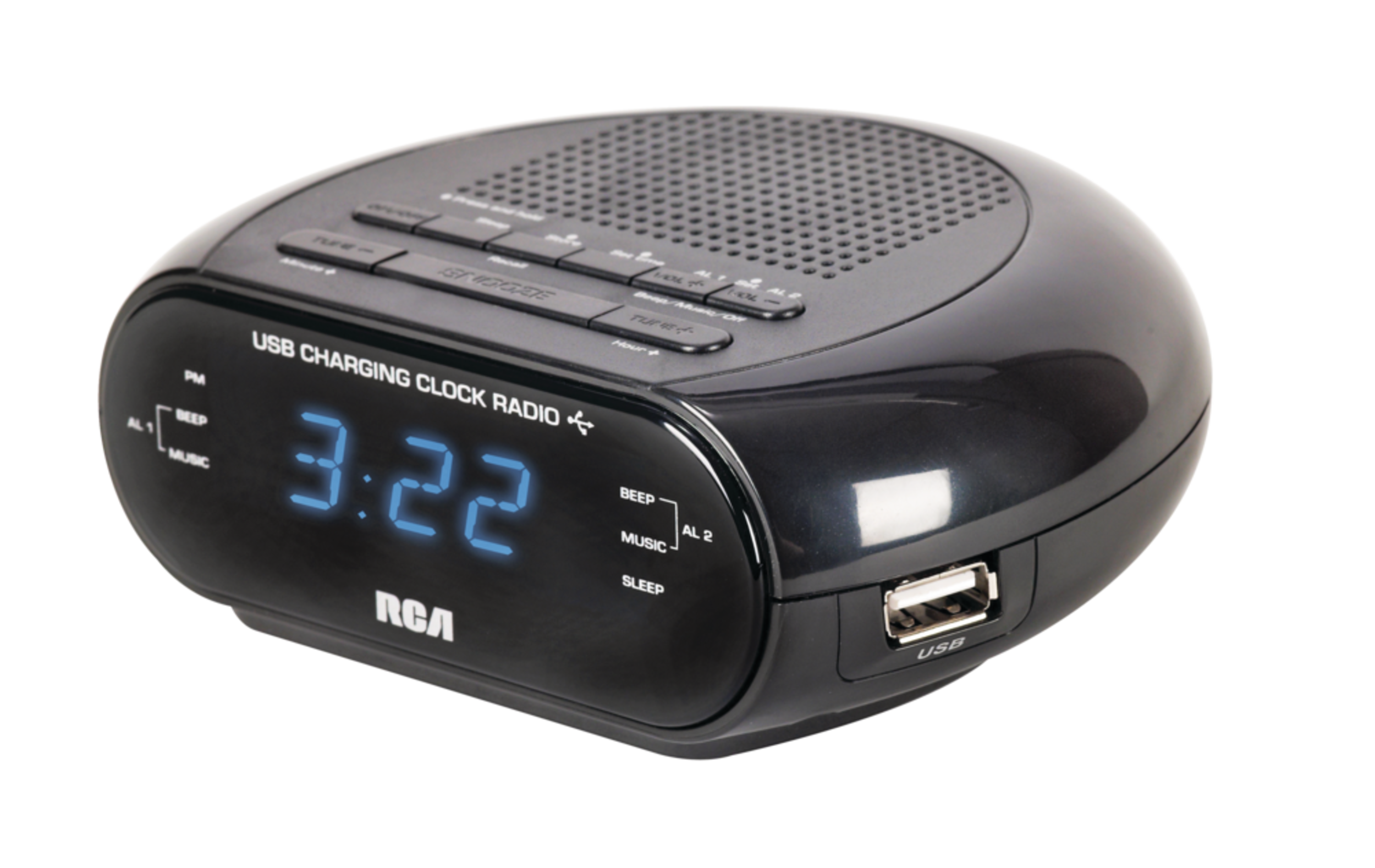 RCA USB & Dual Wake Clock Radio Front_Angled_Left