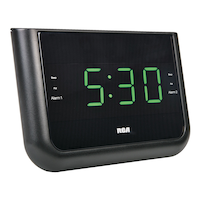 RCA Dual Wake Up USB Charging Digital FM Clock Radio, Black Front_Angled_Right
