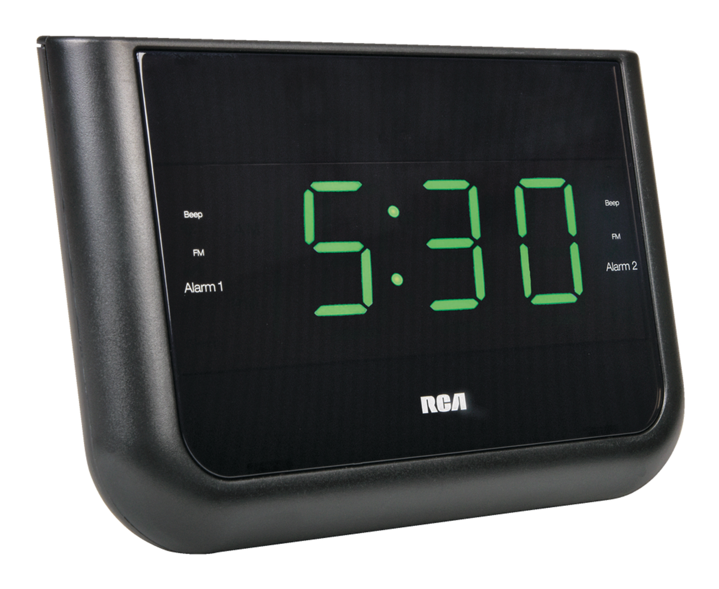 RCA Dual Wake Up USB Charging Digital FM Clock Radio, Black Front_Angled_Right