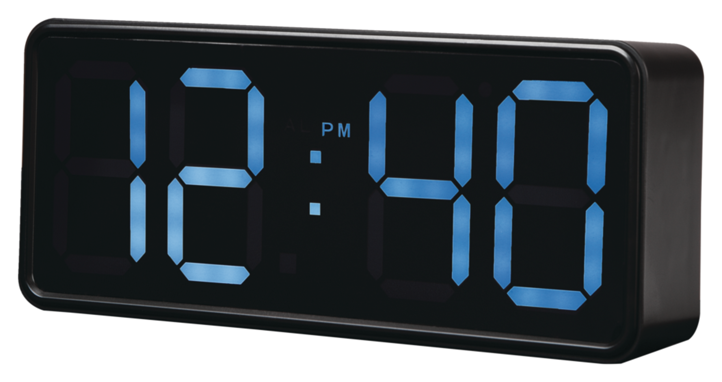 RCA Blue LED Digital Alarm Clock, 4-in Tall Display Front_Angled_Left