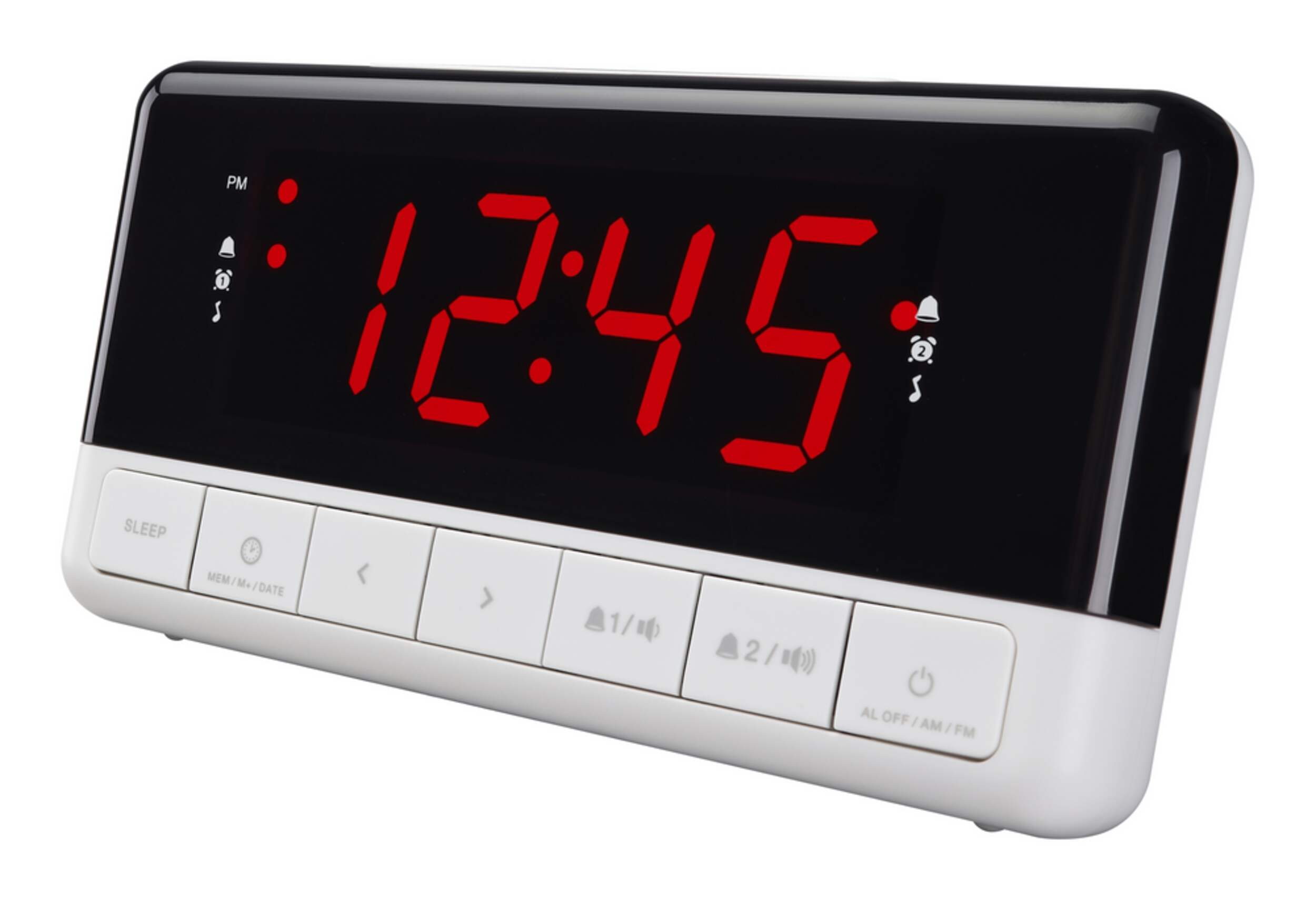 SkyTime Dual Alarm LED Digital AM/FM Clock Radio Front_Angled_Left