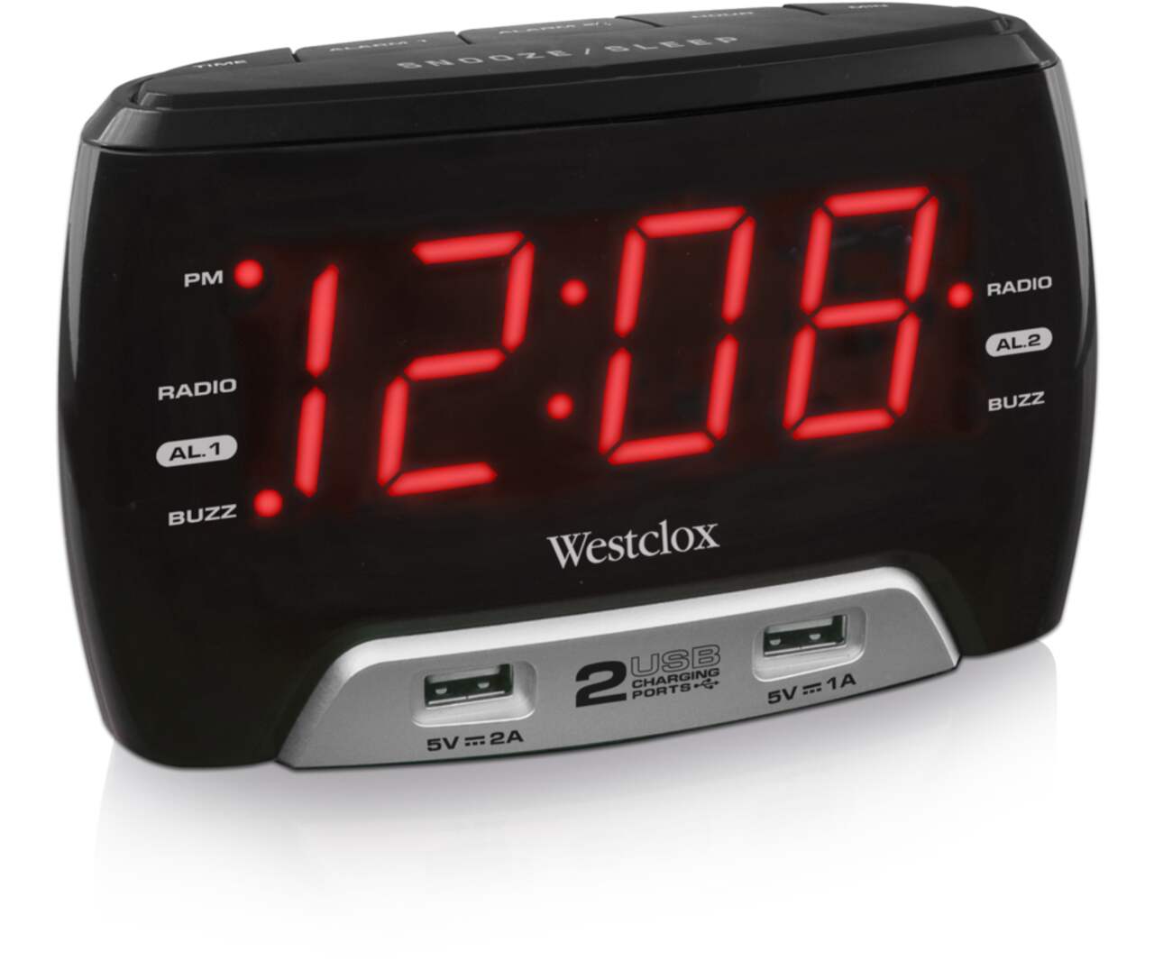 Radio-réveil FM numérique à DEL Westclox avec 2 ports de chargement USB,  rouge, 1,4 po