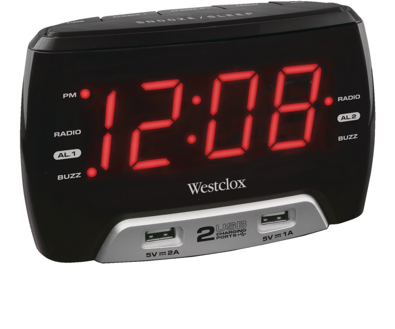 Westclox Red LED Digital FM Clock Radio with 2 USB Charging Ports, 1.4-in