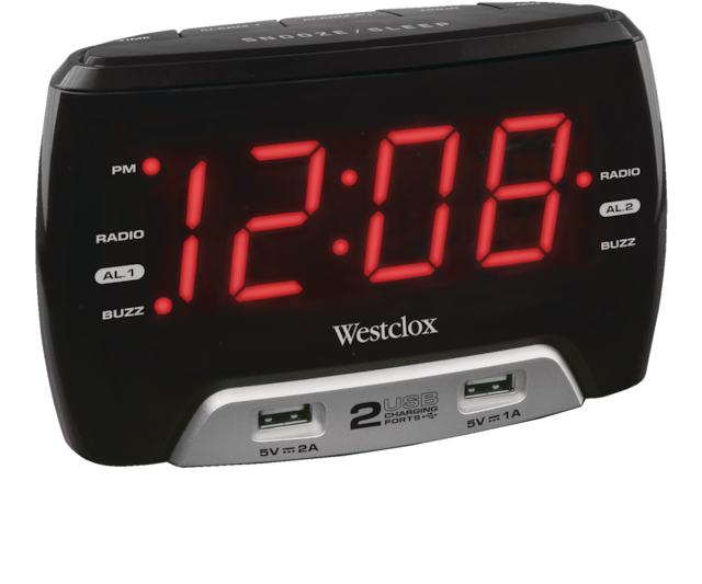 Westclox Red LED Digital FM Clock Radio with 2 USB Charging Ports, 1.4