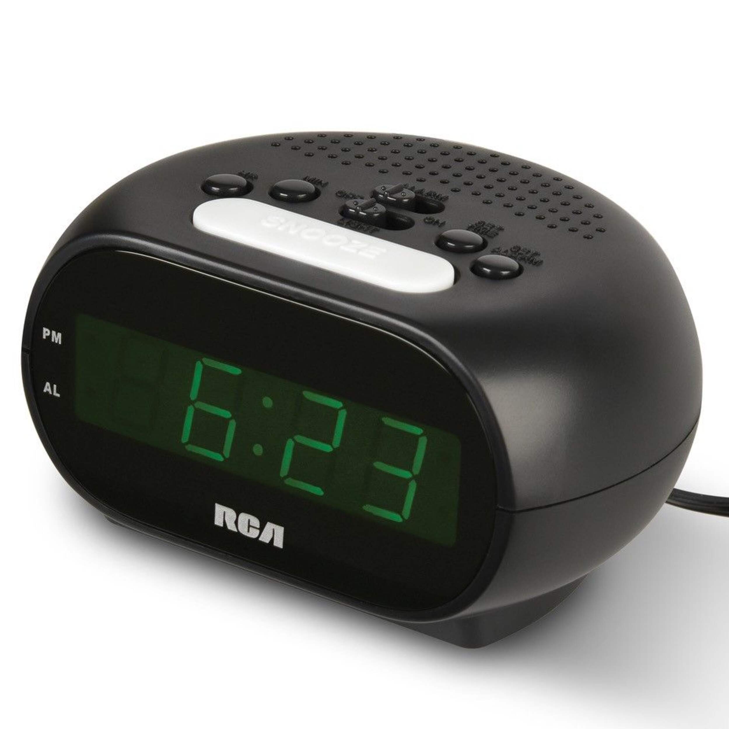 RCA Digital Alarm Clock with Green Display Front_Three_Fourths_Angled_Left