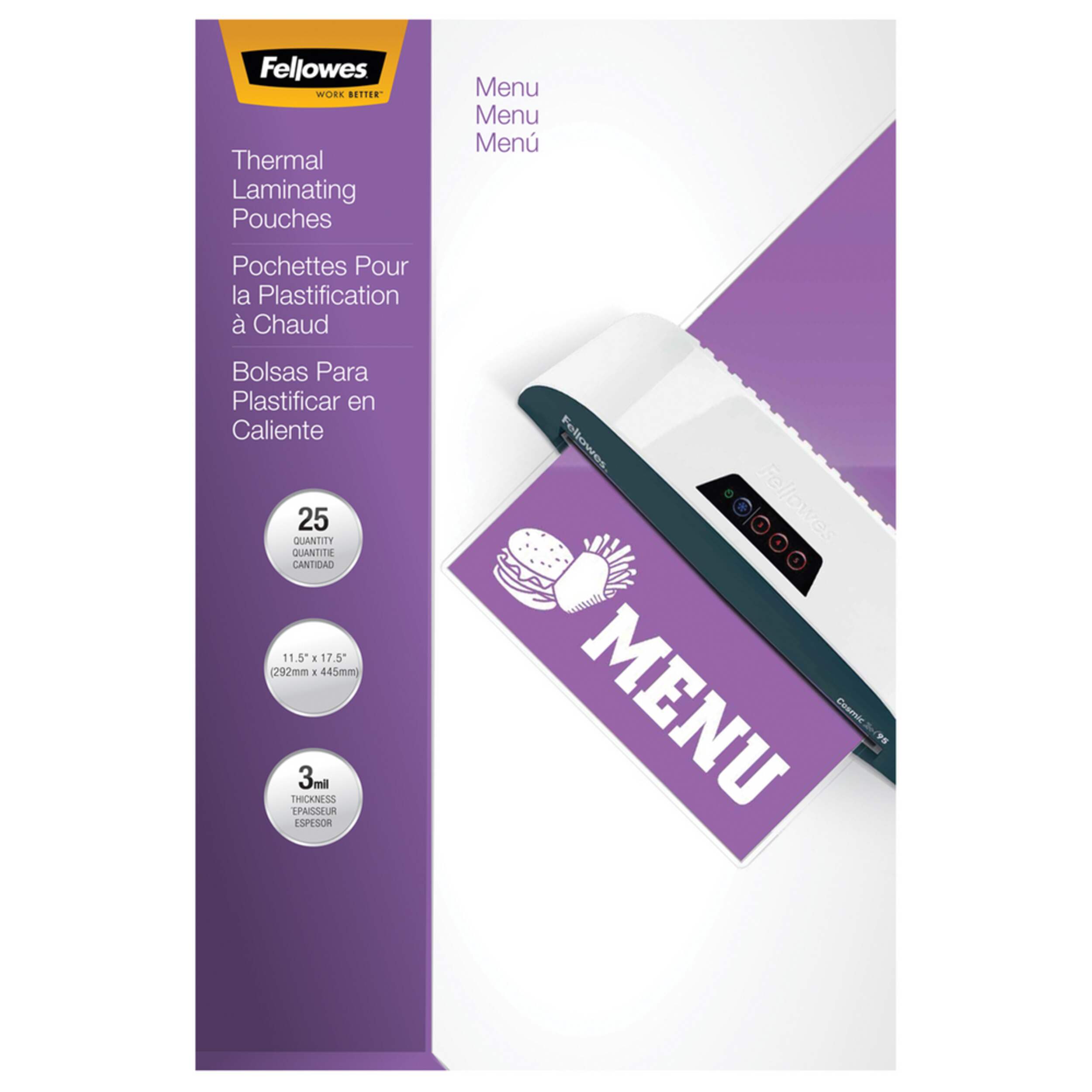 Pochettes à plastifier thermiquement Fellowes, pour menus, 3 mils, paq. 25 Front_Flat