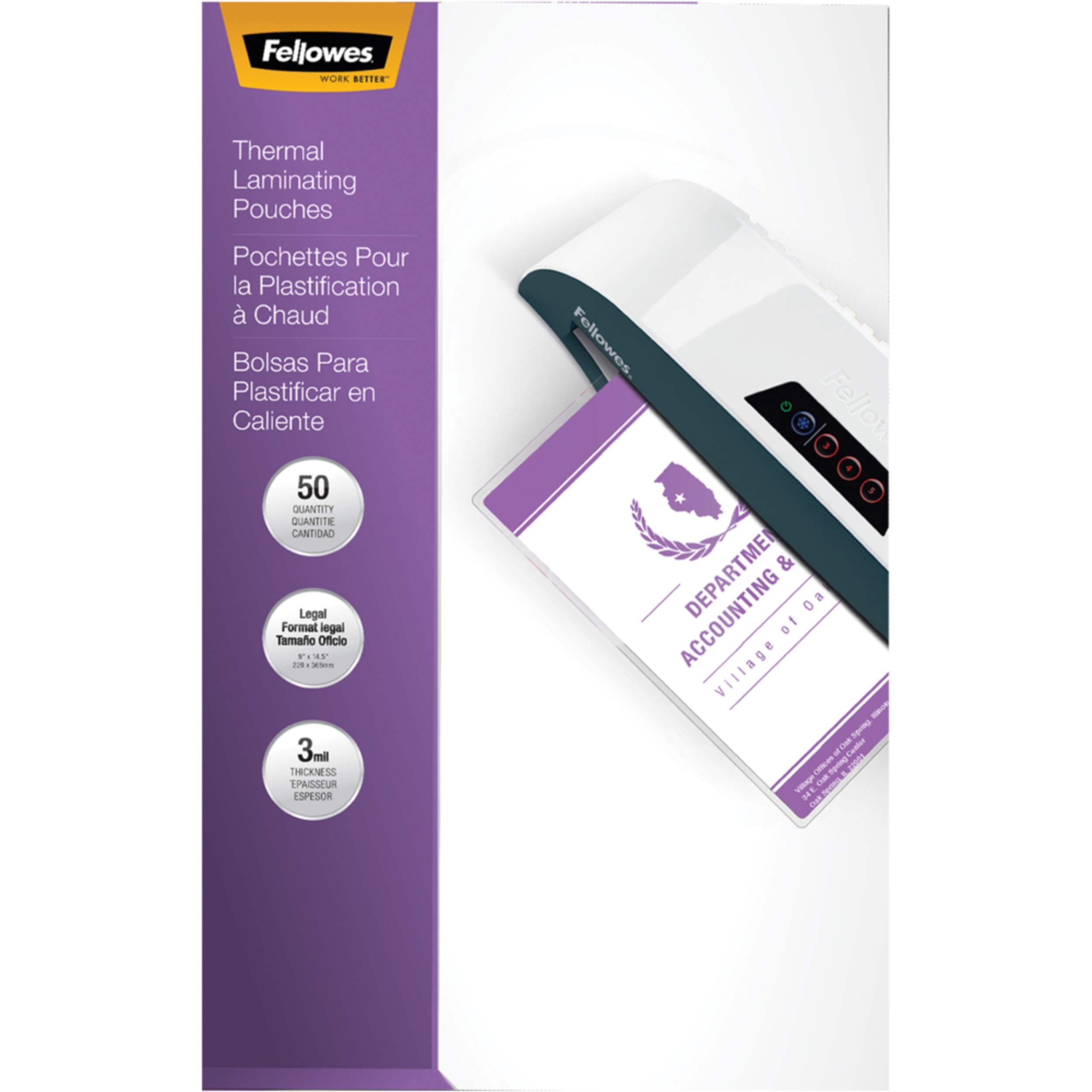 Fellowes Legal Thermal Laminating Pouches, 3-mm, 50-pk Front_Flat