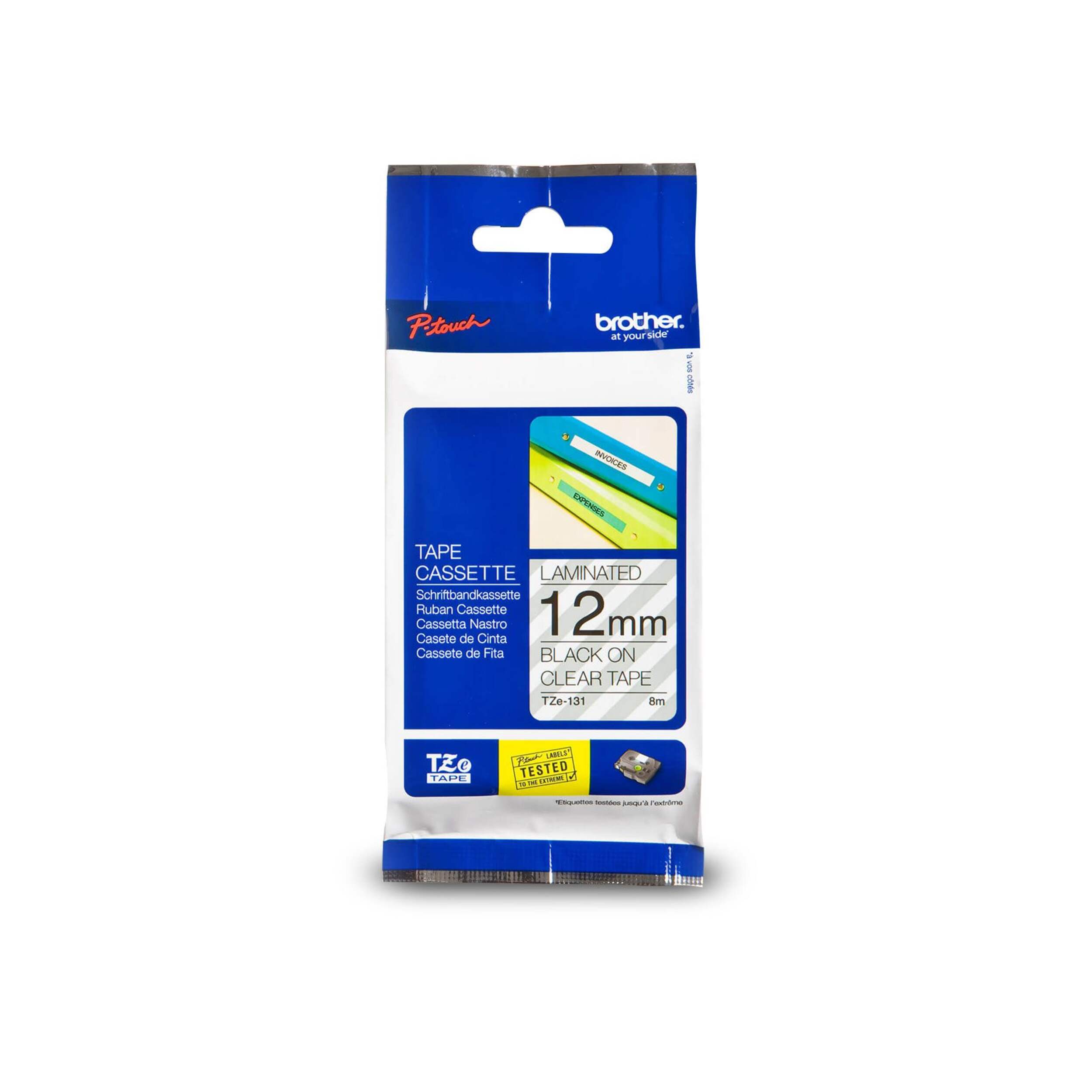 Brother TZE131 Black on Clear Laminated Label Tape, 12-mm x 8-m Front_Flat