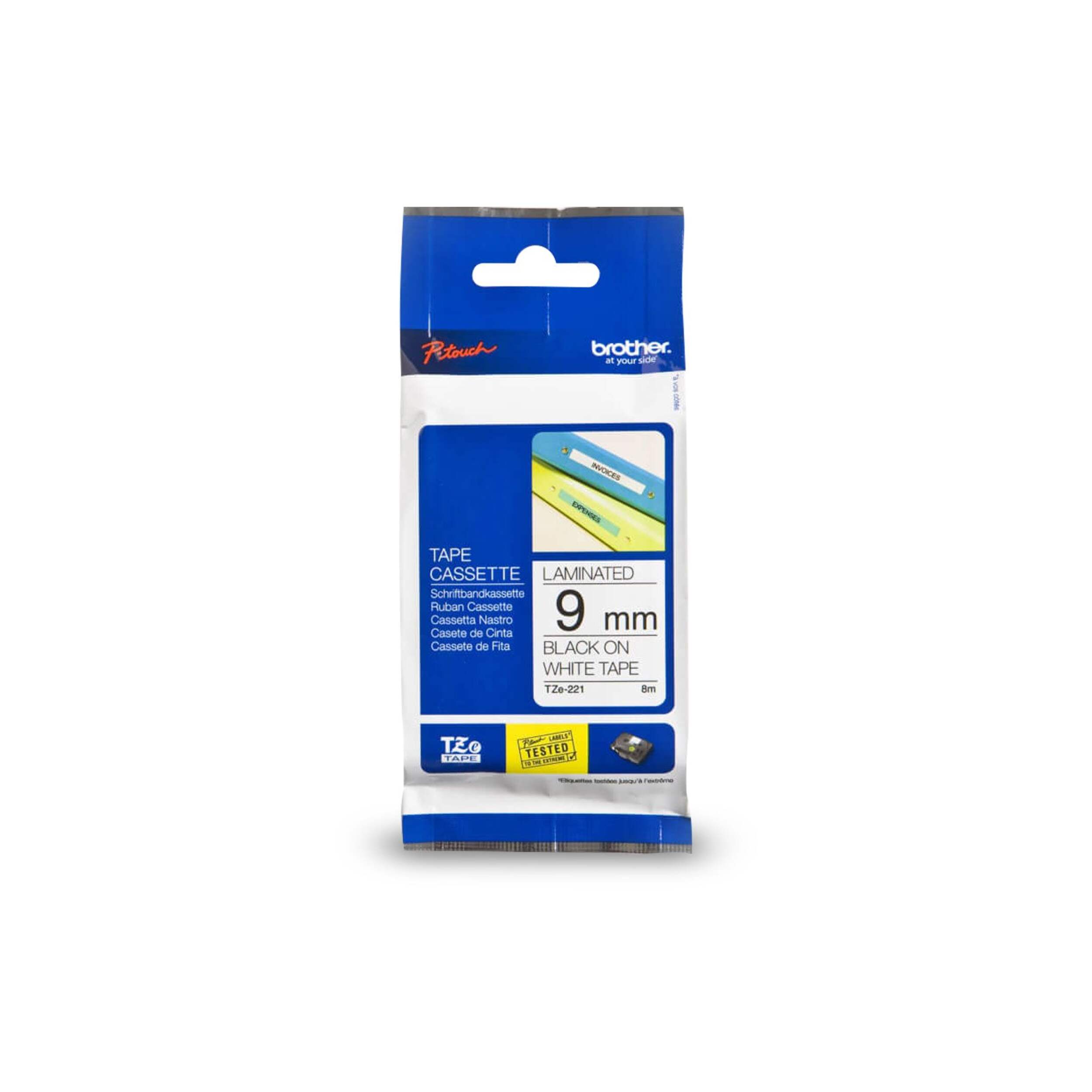 Brother TZE221 Black on White Laminated Label Tape, 9-mm x 8-m Front_Flat