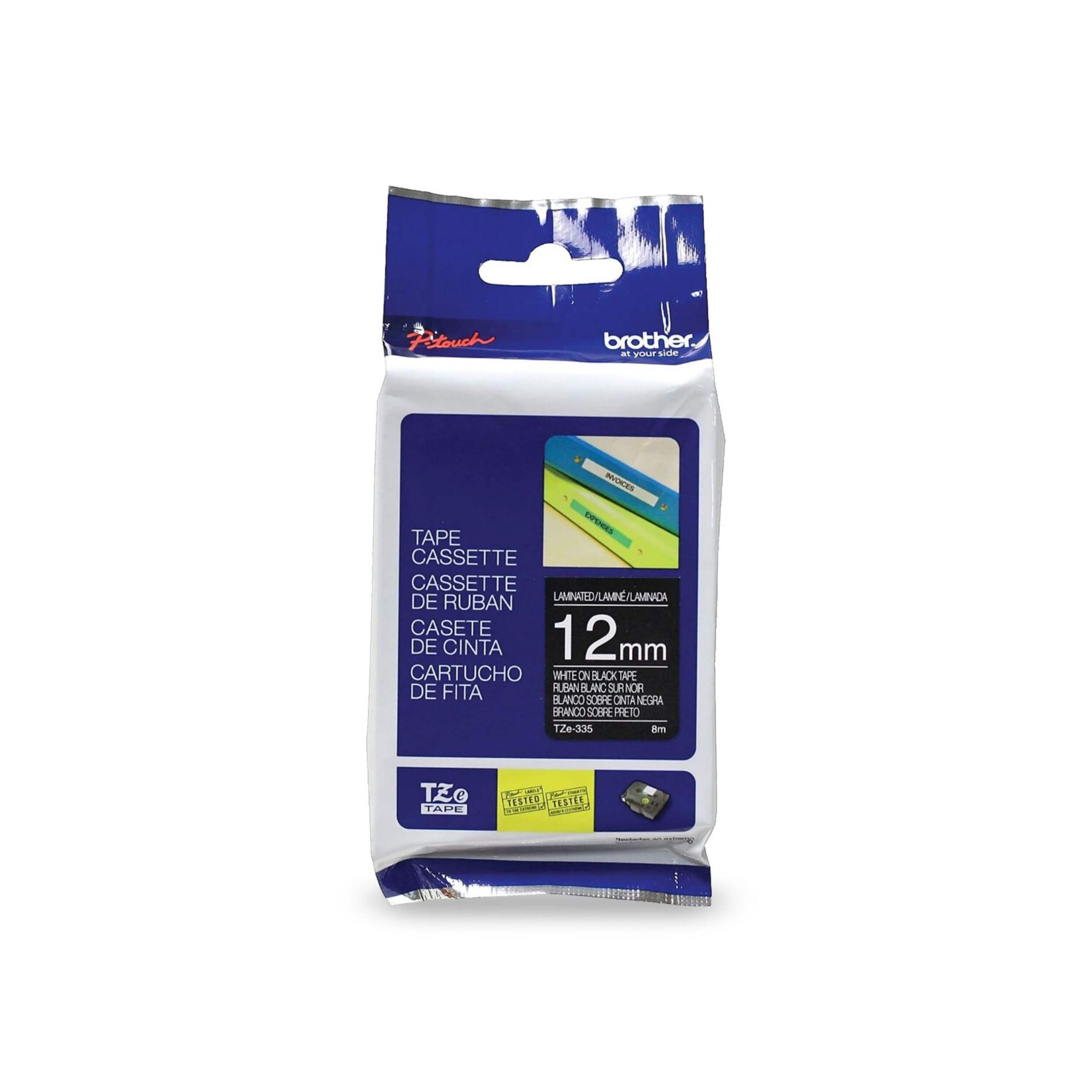 Brother TZE335 White on Black Laminated Label Tape, 12-mm x 8-m Front_Flat