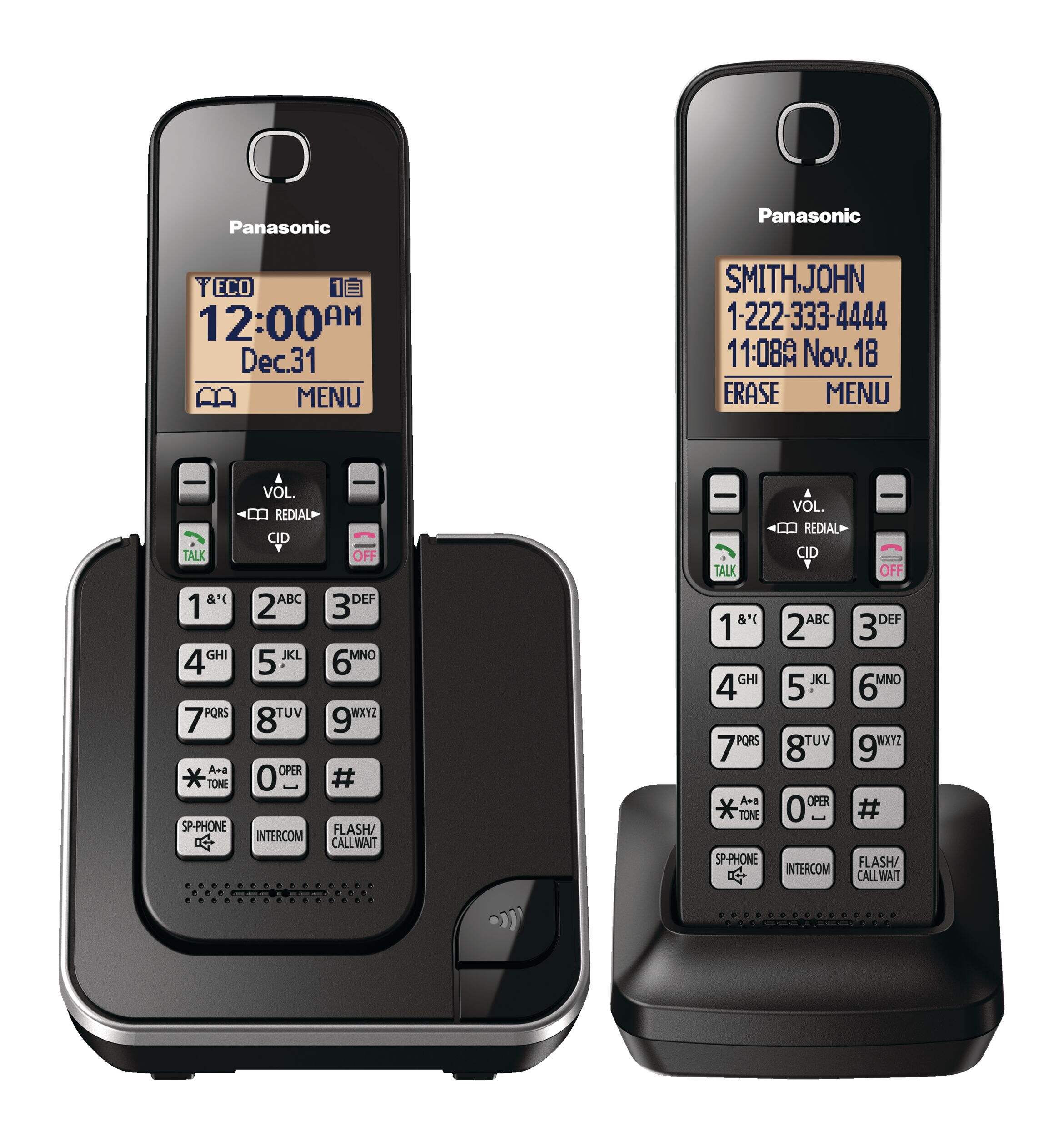 Panasonic DECT 6.0 Cordless Phone with Caller ID, 2-Handsets, Black Front_Flat