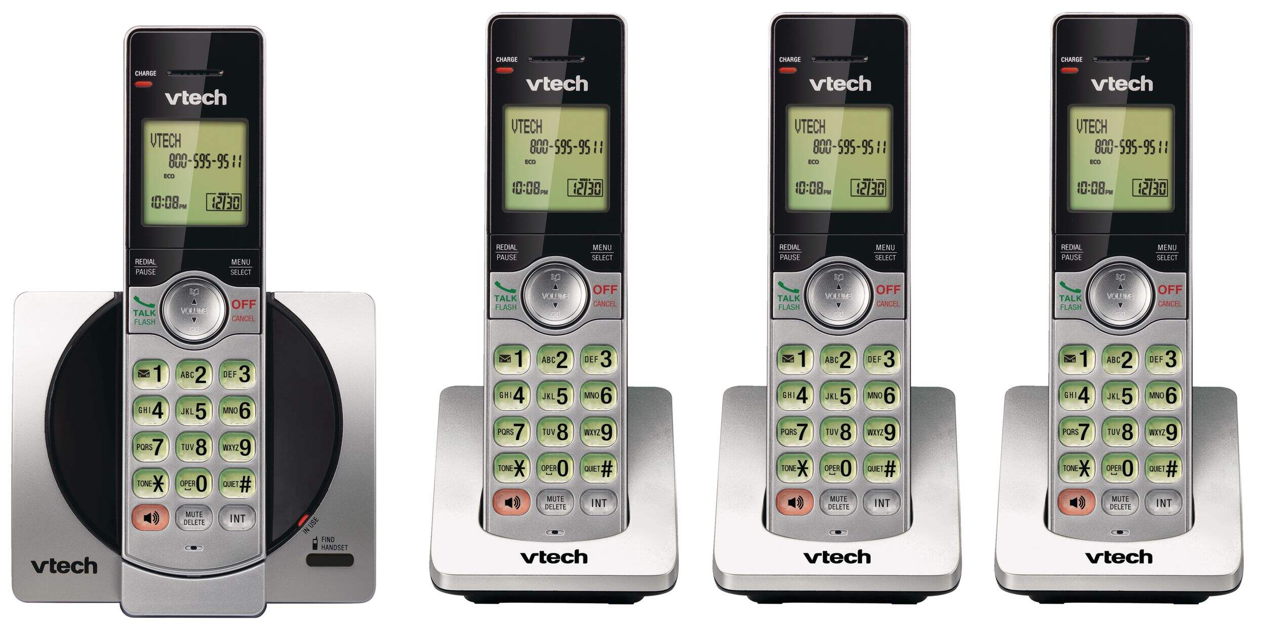 Système téléphonique sans fil VTech DECT 6.0 avec afficheur d'identité d'appelant, 4 combinés, argent/noir Front_Flat