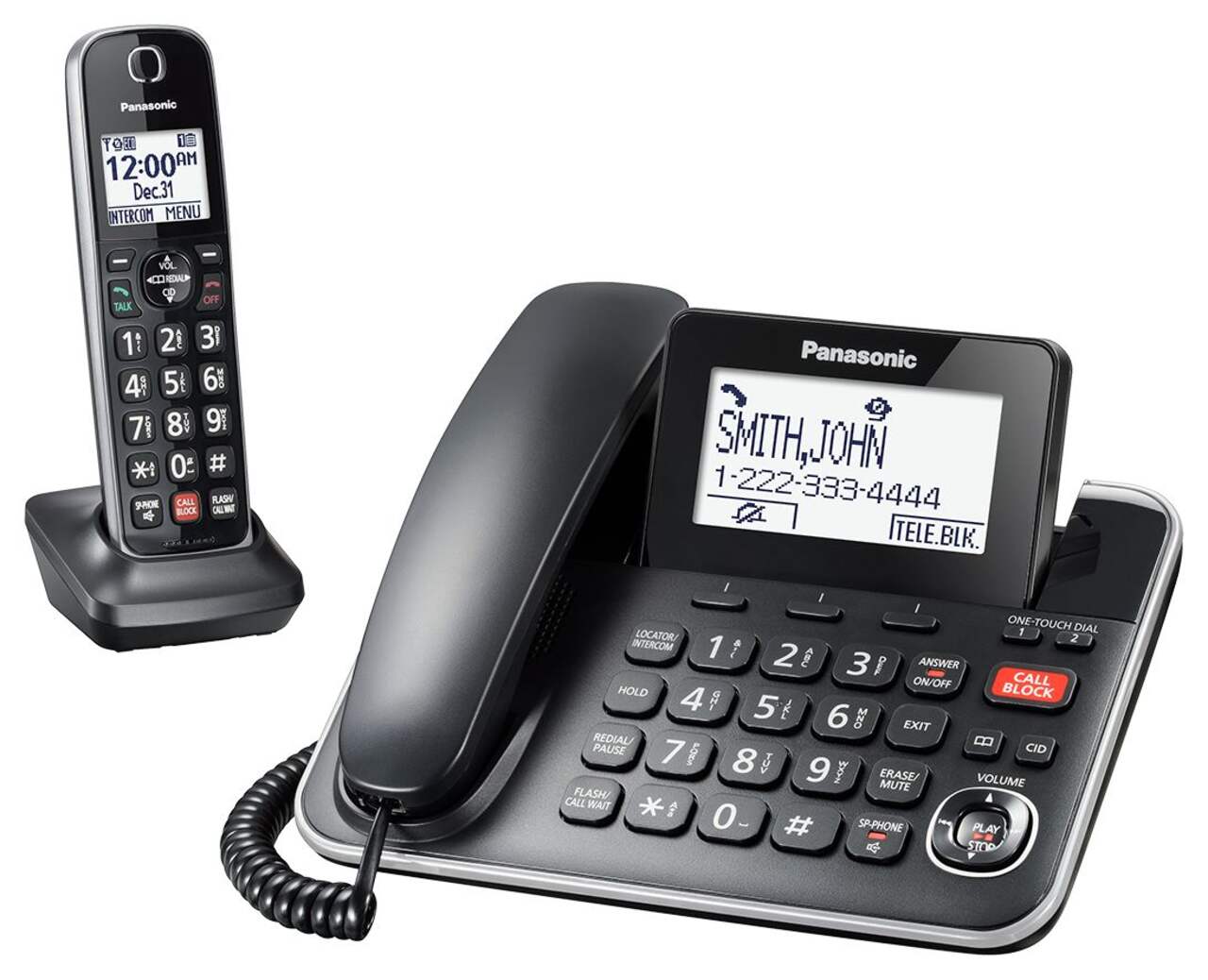 Téléphone filaire/sans fil Panasonic DECT 6,0 avec répondeur et  identification vocale des appelants, noir