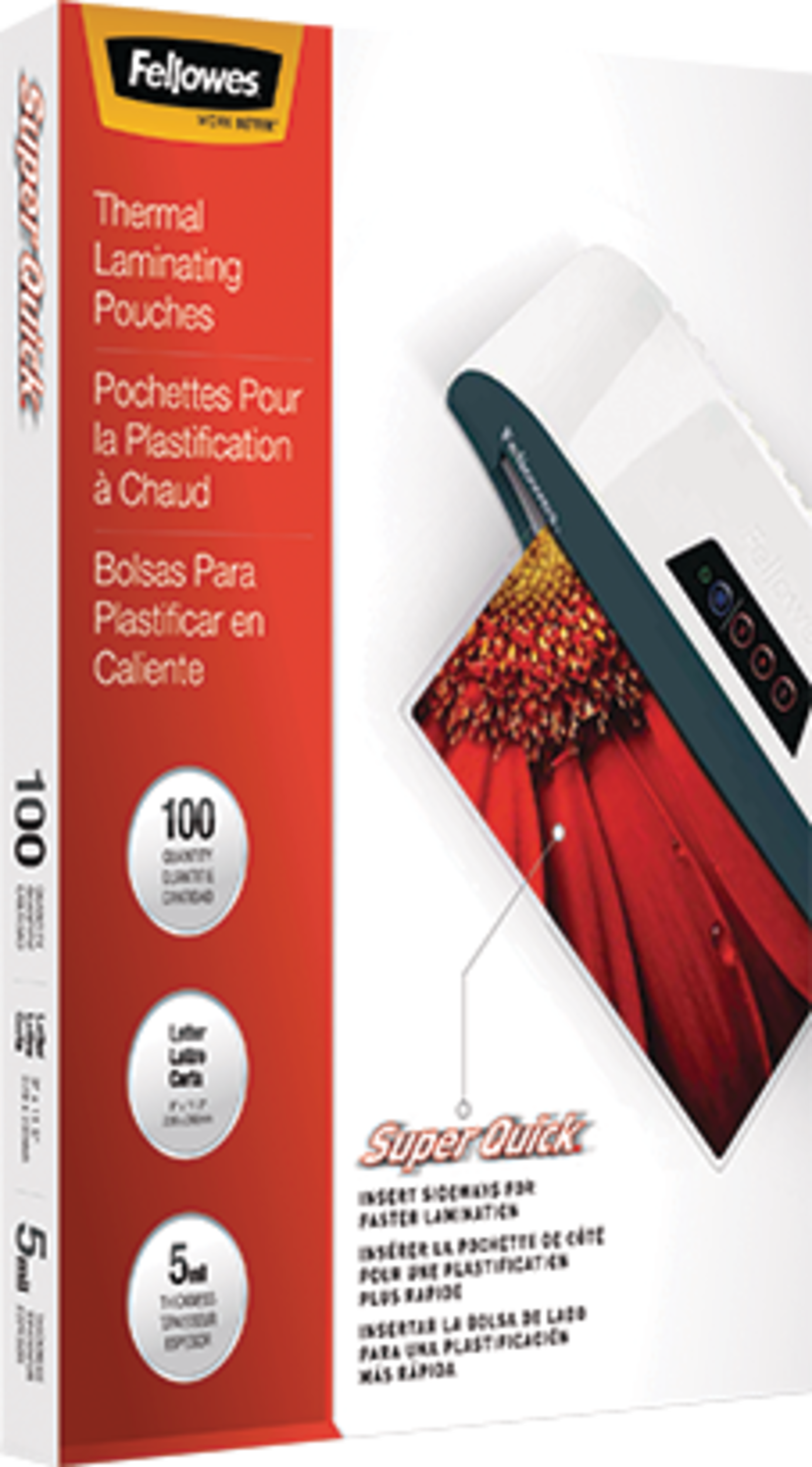 Fellowes Glossy SuperQuick Pouches - Letter, 5 mil, 100-pk Front_Three_Fourths_Angled_Right