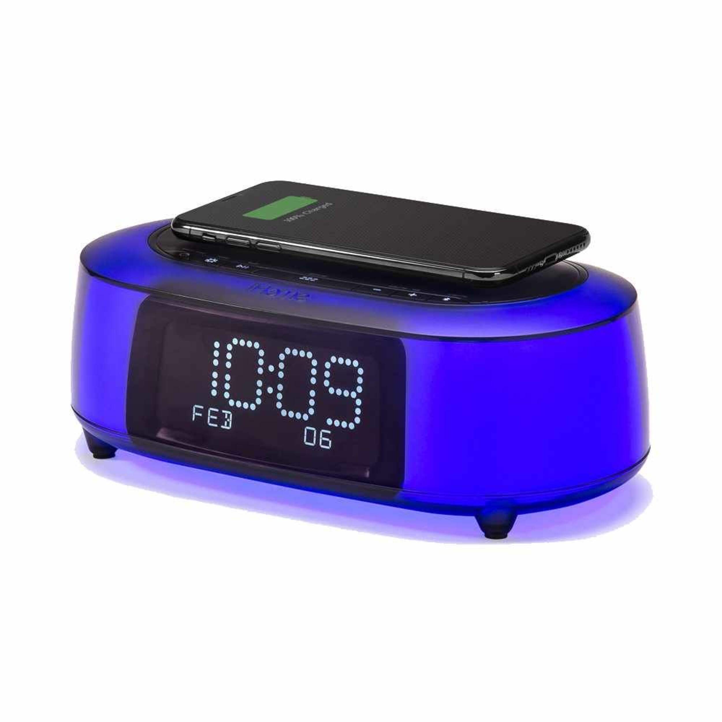 iHome TimeBoost Glow Colour Changing Wireless USB Charging Bluetooth Alarm Clock Front_Angled_Left